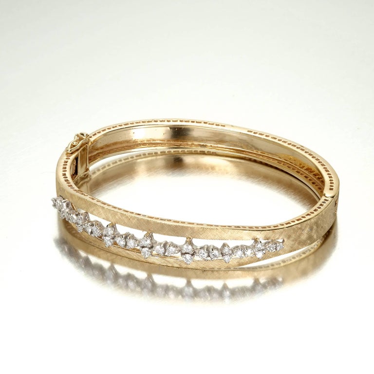 .98 Carat Diamond Mid-Century Solid Gold Hand Florentined Bangle ...