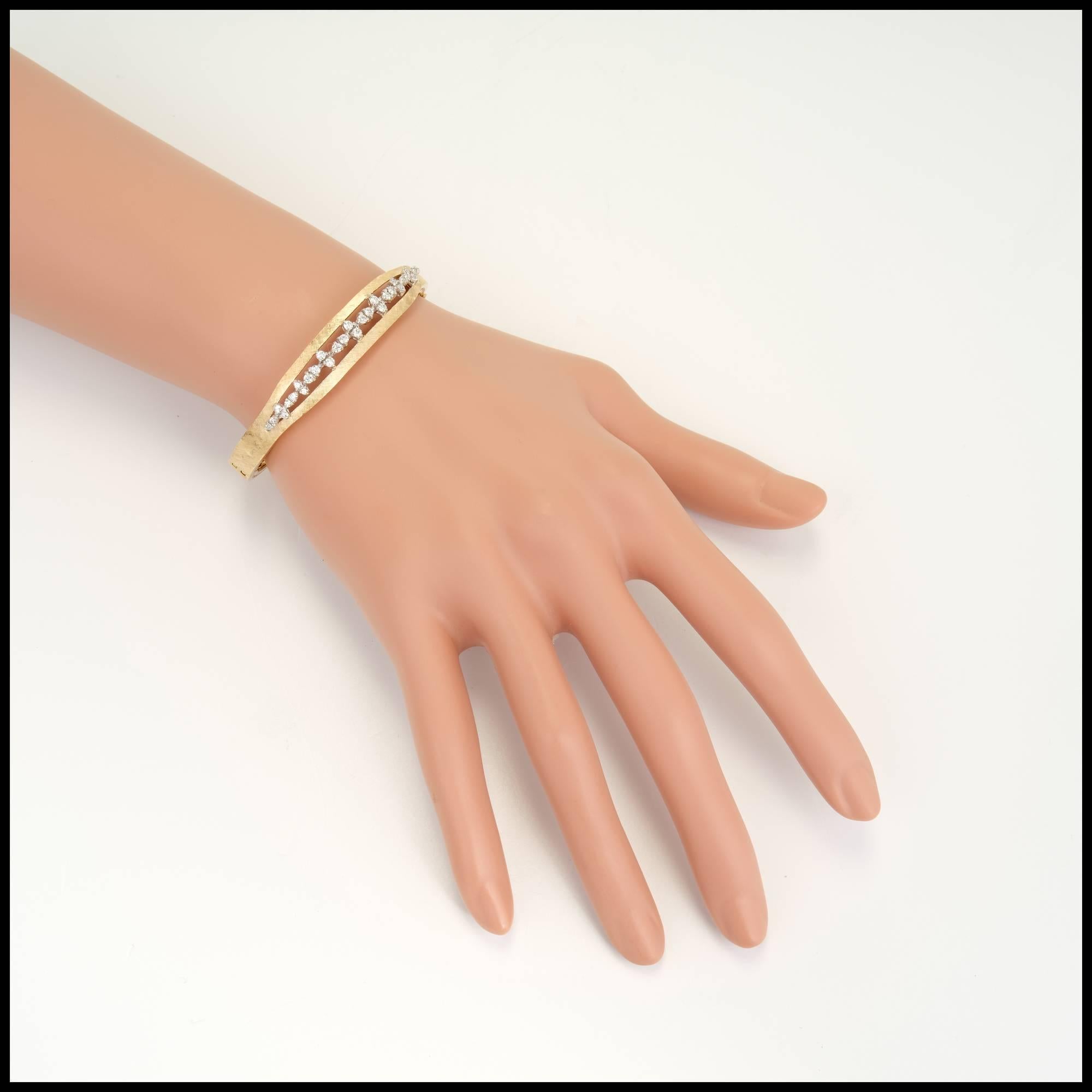 Round Cut .98 Carat Diamond Mid-Century Solid Gold Hand Florentine Bangle Bracelet