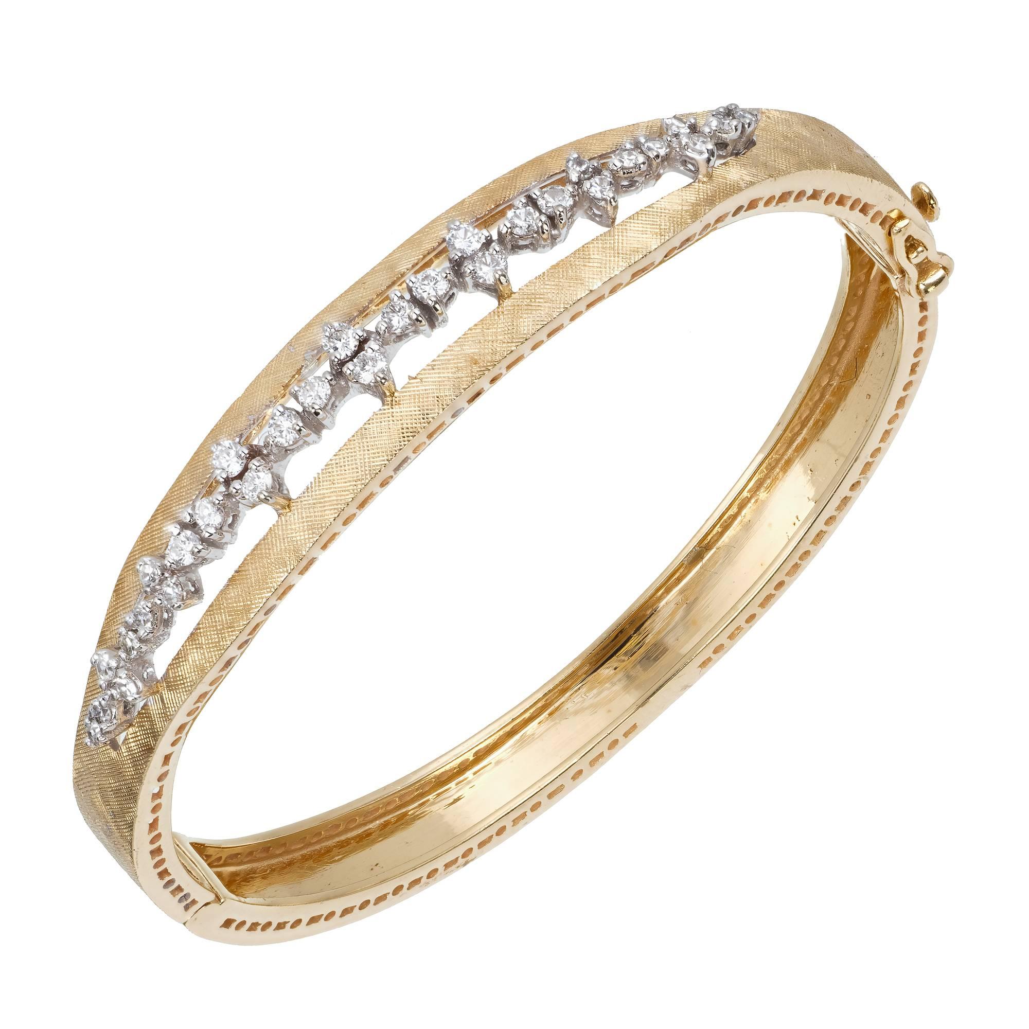 .98 Carat Diamond Mid-Century Solid Gold Hand Florentine Bangle Bracelet