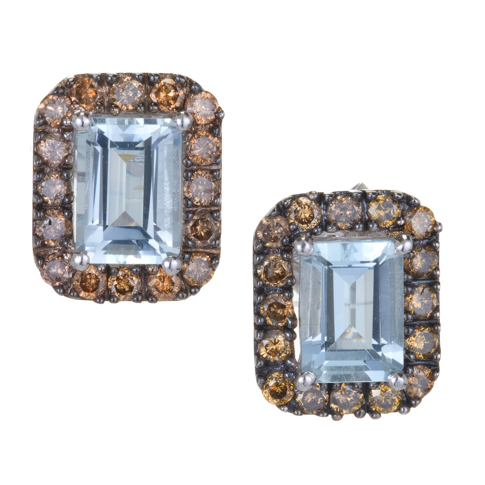 1.75 Carat Emerald Cut Aquamarine Brown Diamond Gold Stud Earrings