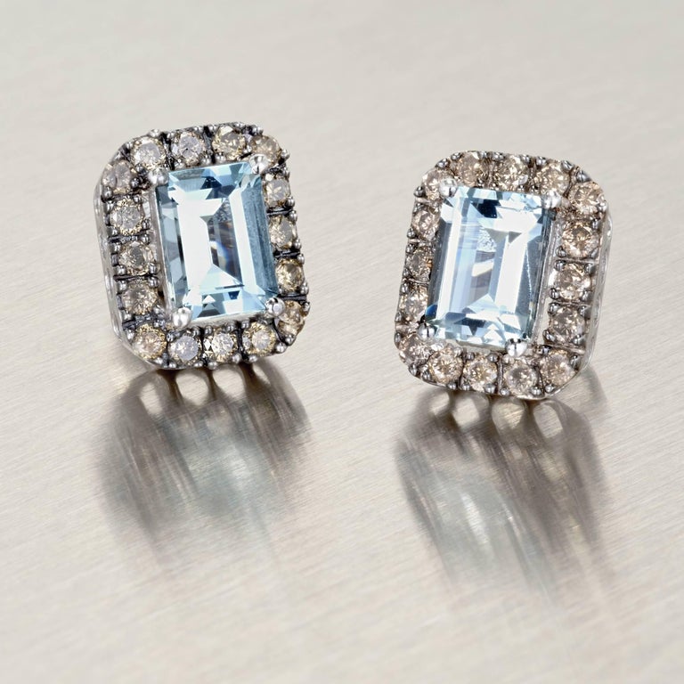 1.75 Carat Emerald Cut Aquamarine Brown Diamond Gold Stud Earrings For ...