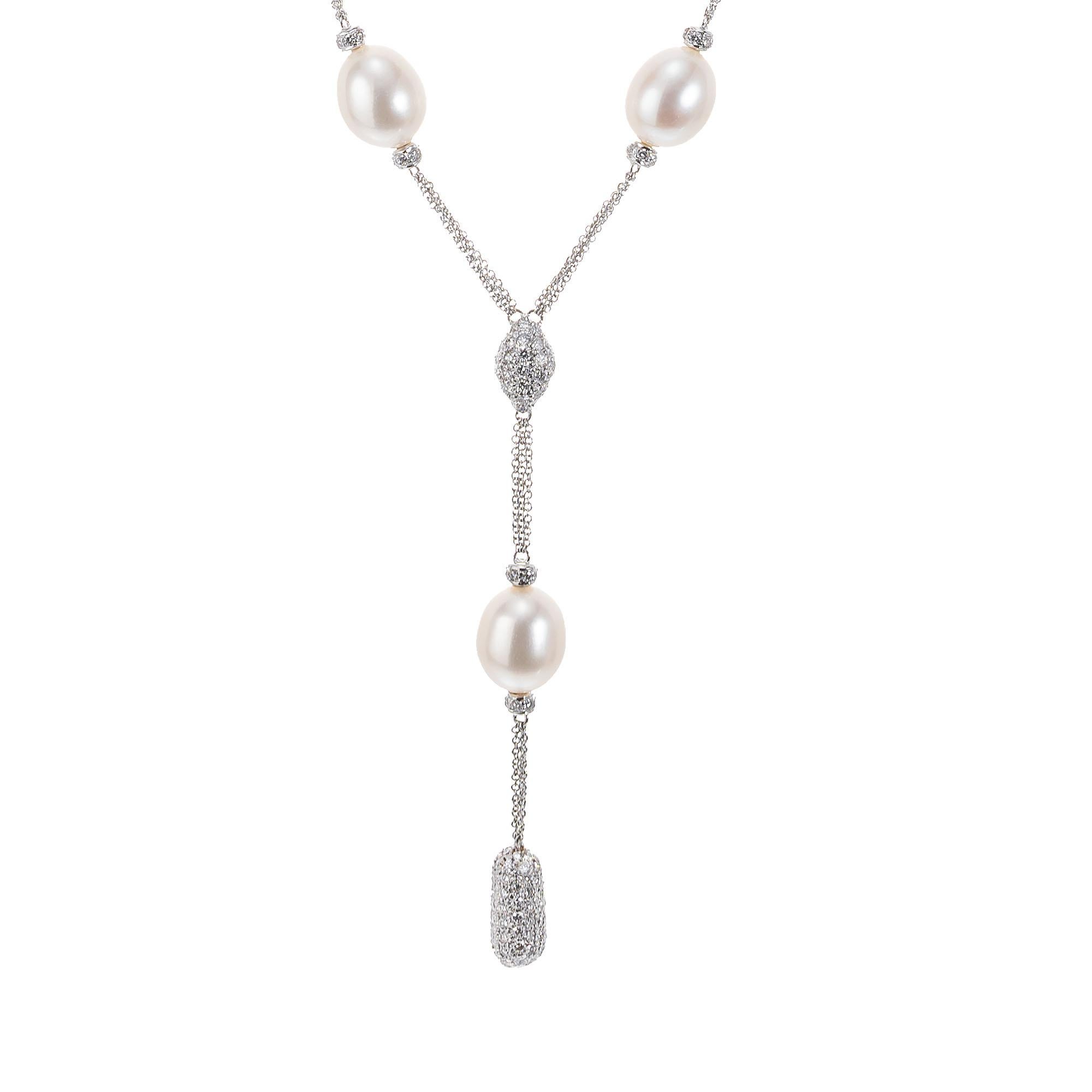 4.20 Carat Pave Diamond Freshwater Pearl White Gold Drop Necklace 2