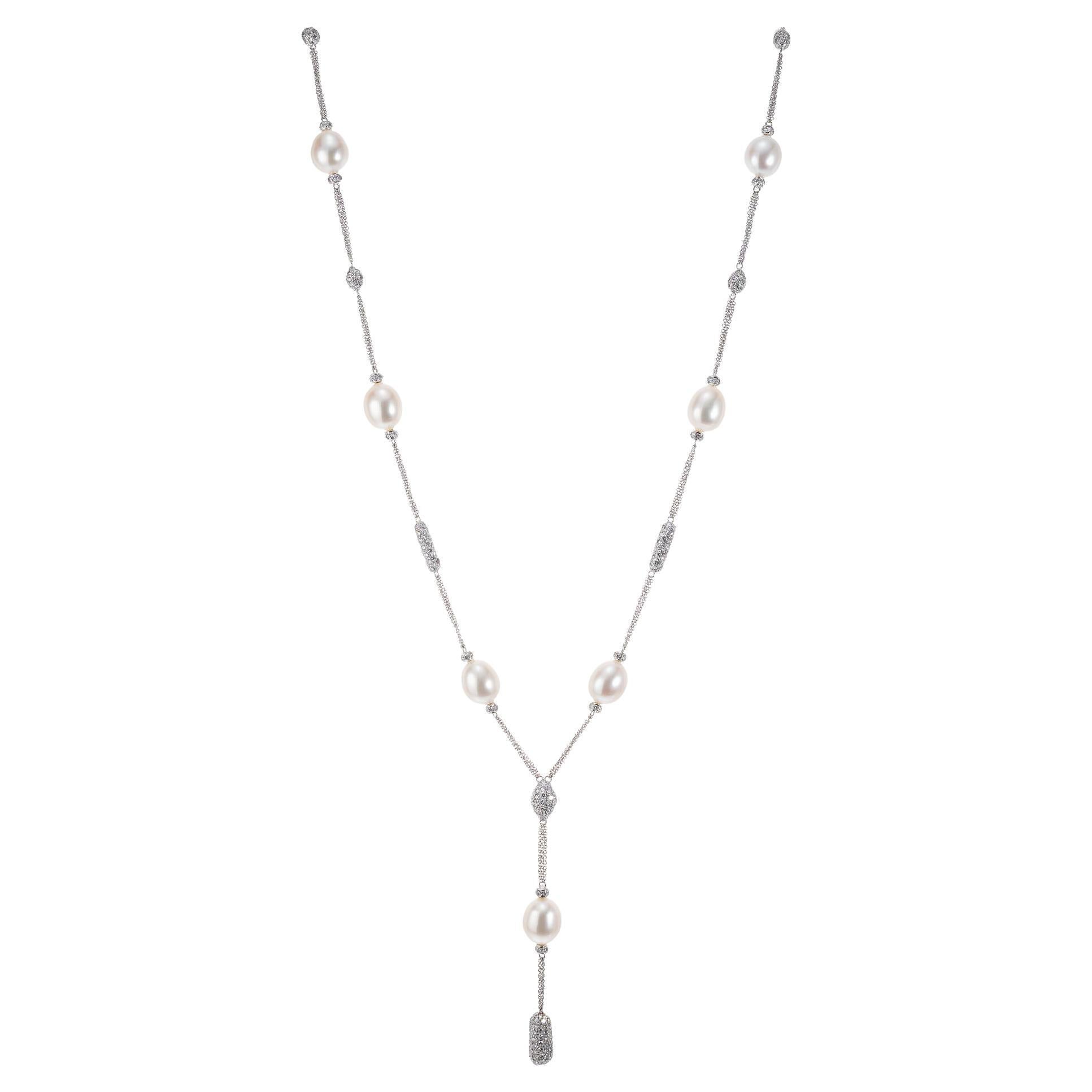 4.20 Carat Pave Diamond Freshwater Pearl White Gold Drop Necklace