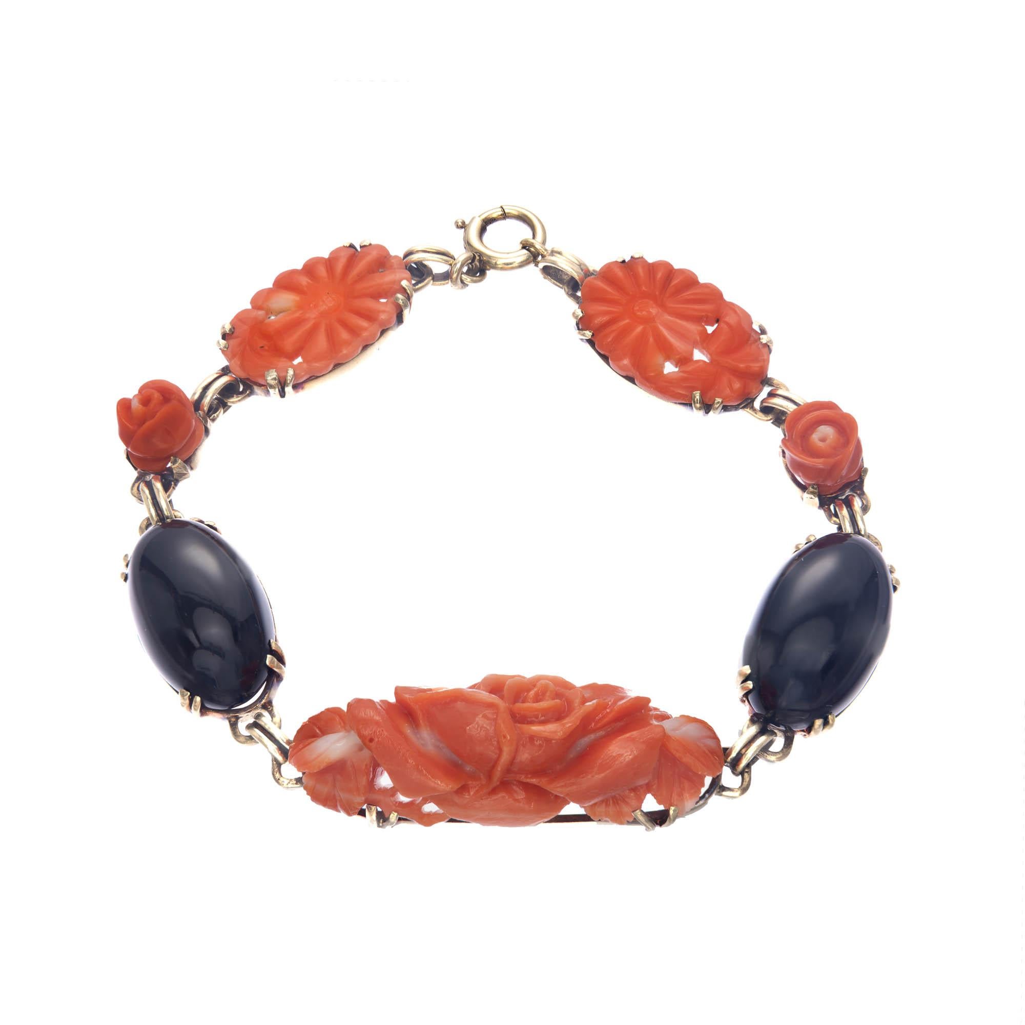 GIA Certified Coral Onyx Yellow Gold Bracelet