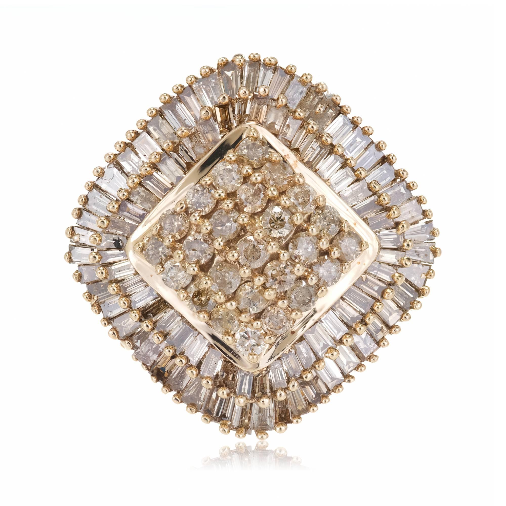 Baguette Cut 2.75 Carat Smoky Brown Diamond Gold Cluster Cocktail Ring