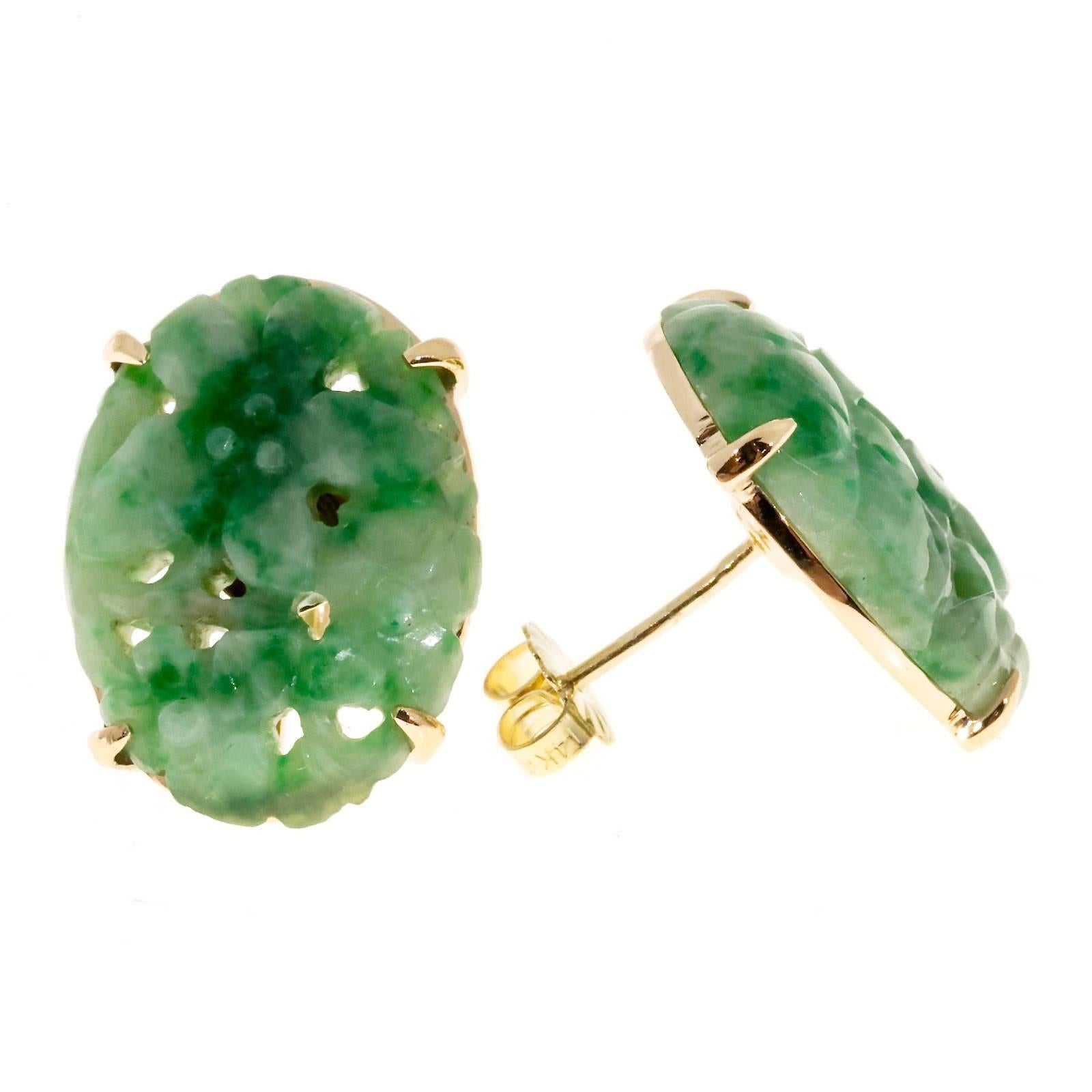 Oval Cut GIA Certified Art Deco Oval Jadeite Jade Gold Earrings