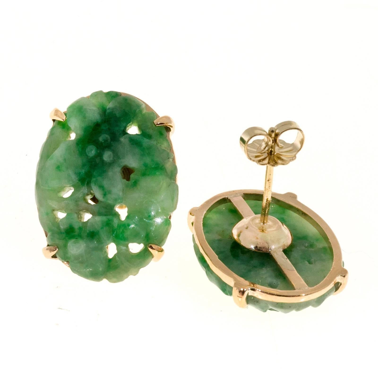Women's GIA Certified Art Deco Oval Jadeite Jade Gold Earrings