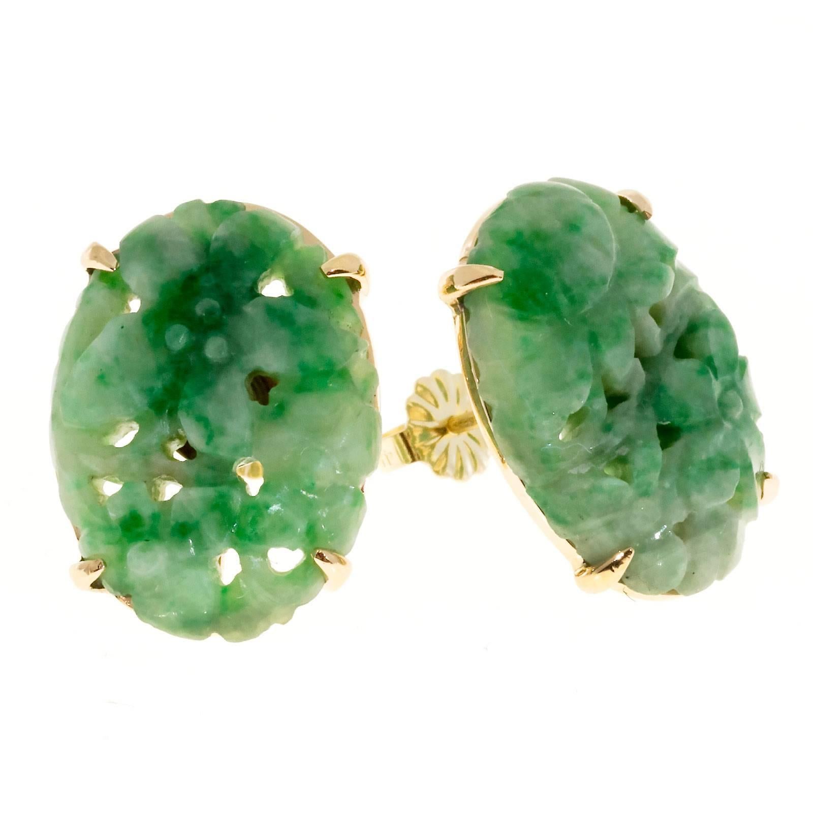 Retro Art Deco round Jade 14k rose gold handmade earrings. 14k yellow posts. Set with GIA certified natural untreated variegated green oval Jadeite Jade oval carvings.

Natural Jadeite Jade 21 x 16.9 x 4mm. Variegated green color.  Natural color