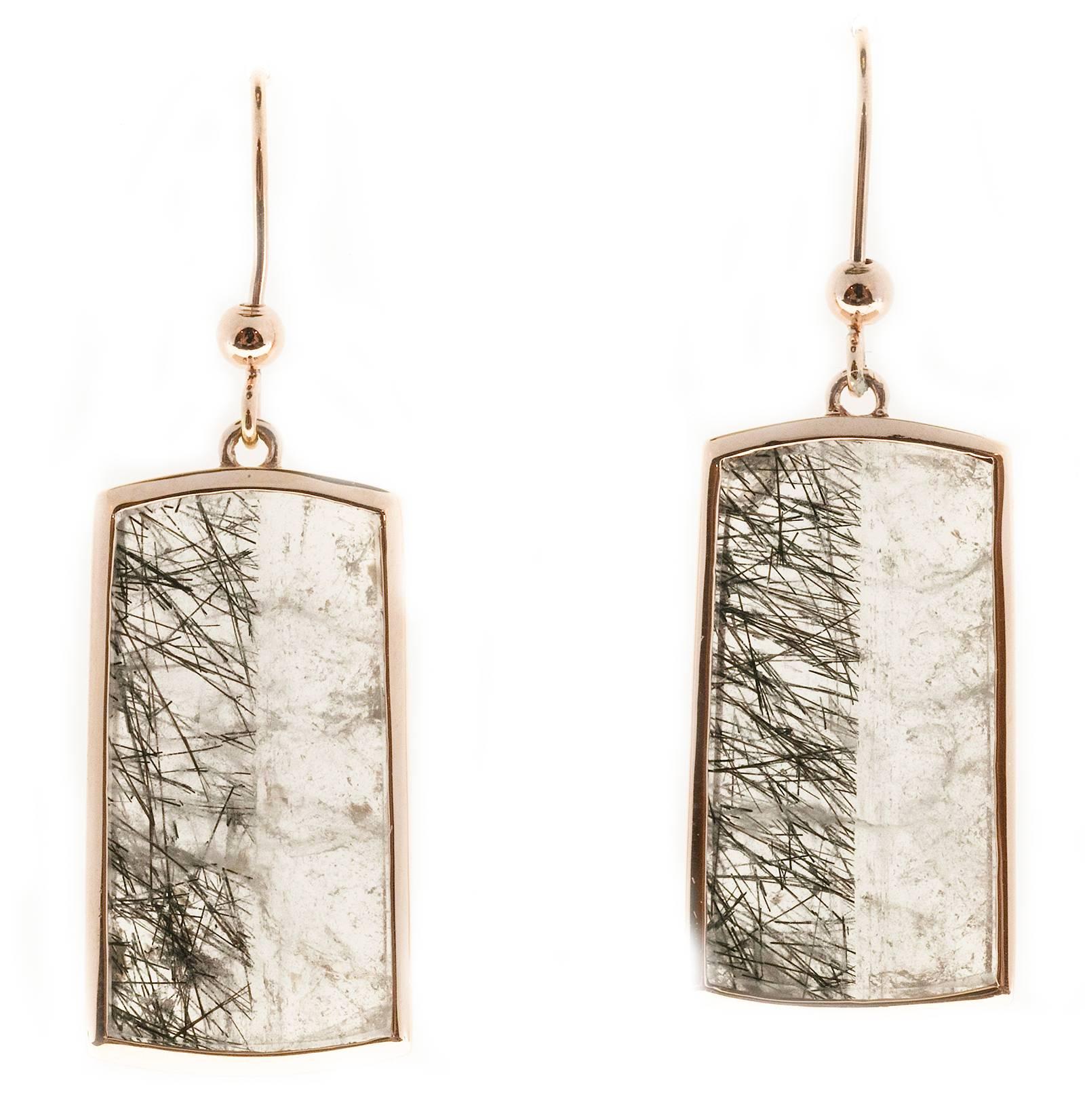 Peter Suchy Transparent Quartz Crystal Rose Gold Dangle Earrings, The settings are handmade in our workshop for the stones. Clear transparent Quartz with natural inclusions. Very unusual black and white pattern. 

2 Quartz: Natural untreated with