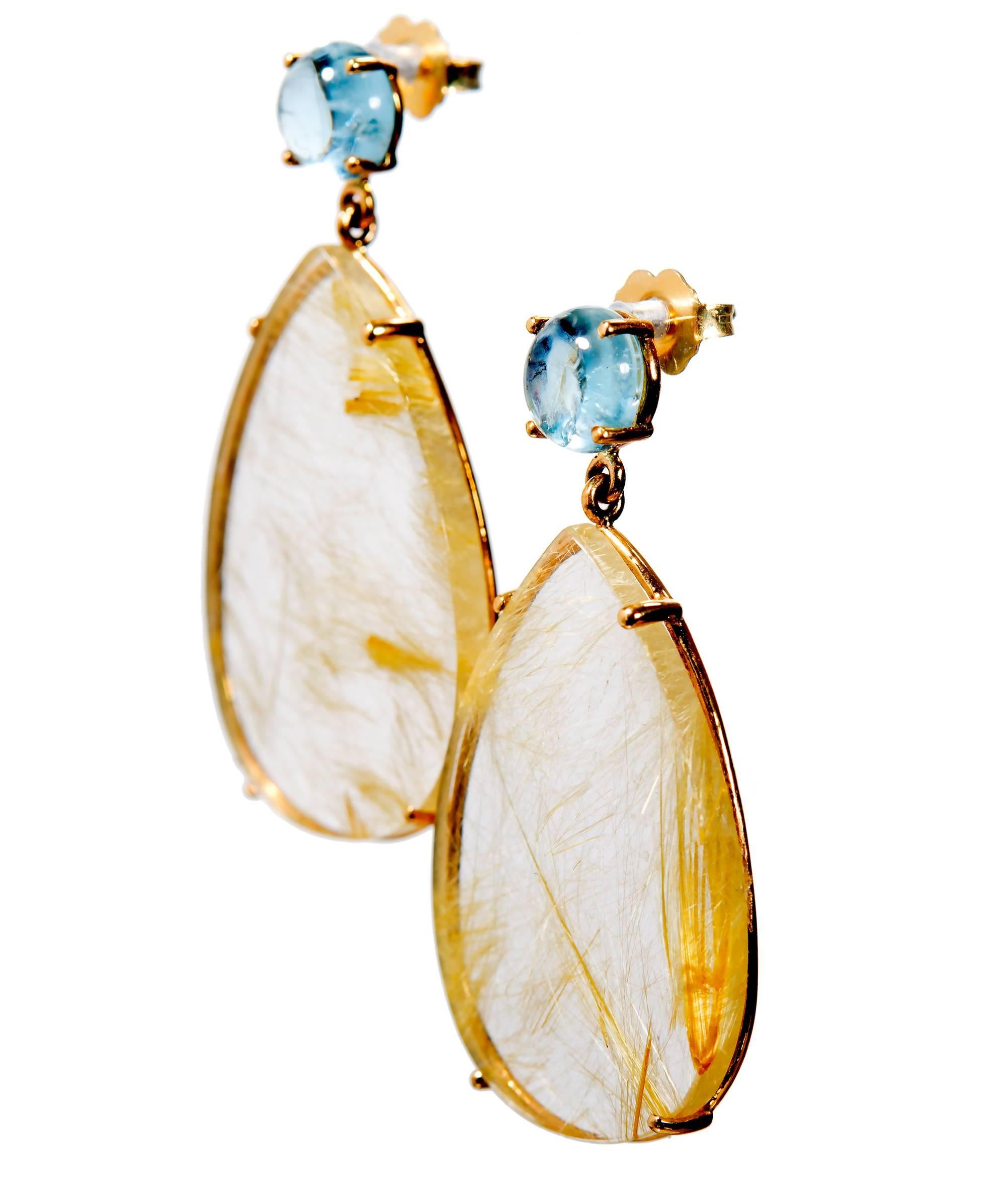 Peter Suchy Natural Aquamarine Rutilated Quartz Gold Dangle Earrings 1
