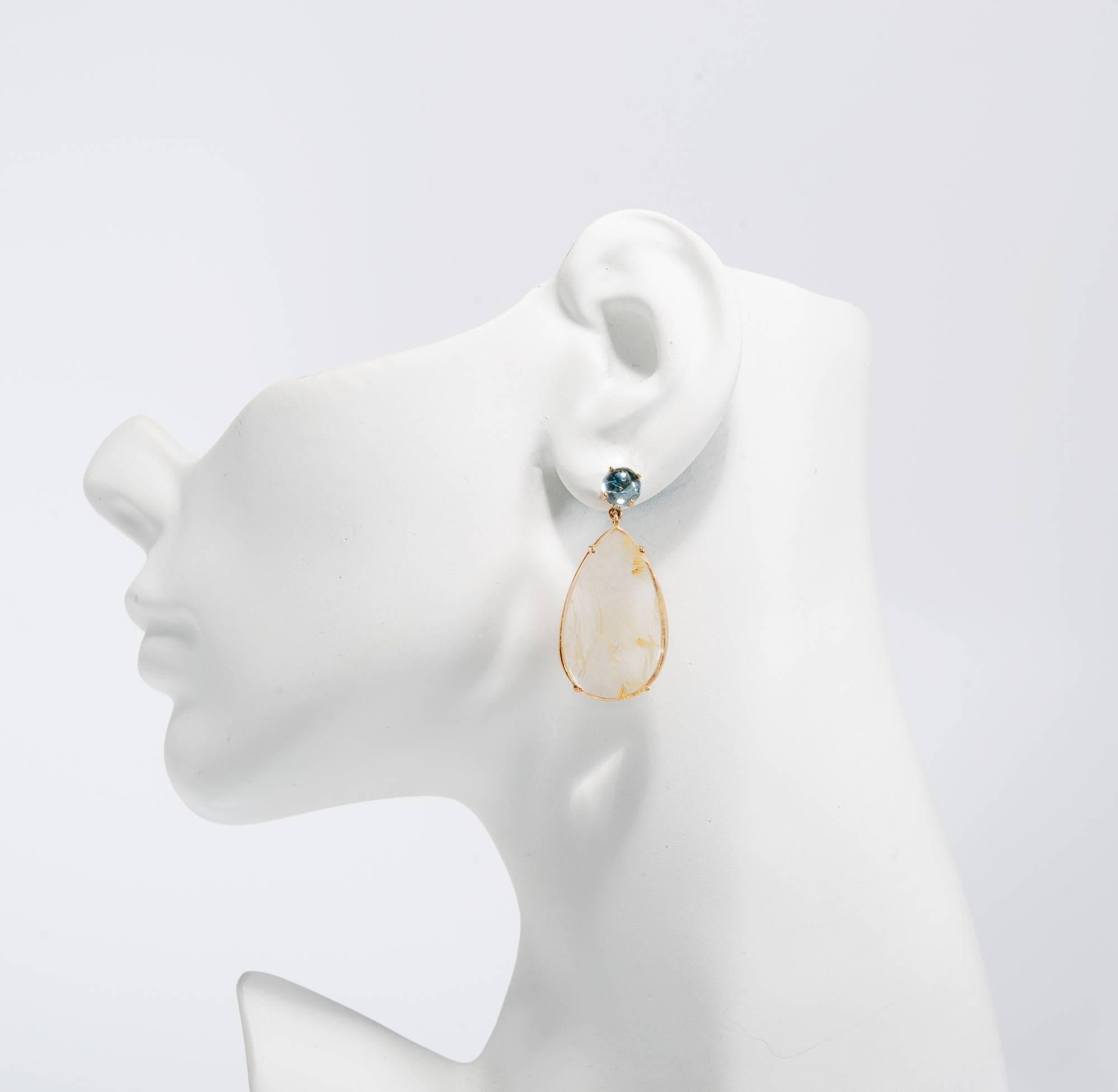Peter Suchy Natural Aquamarine Rutilated Quartz Gold Dangle Earrings In Good Condition In Stamford, CT