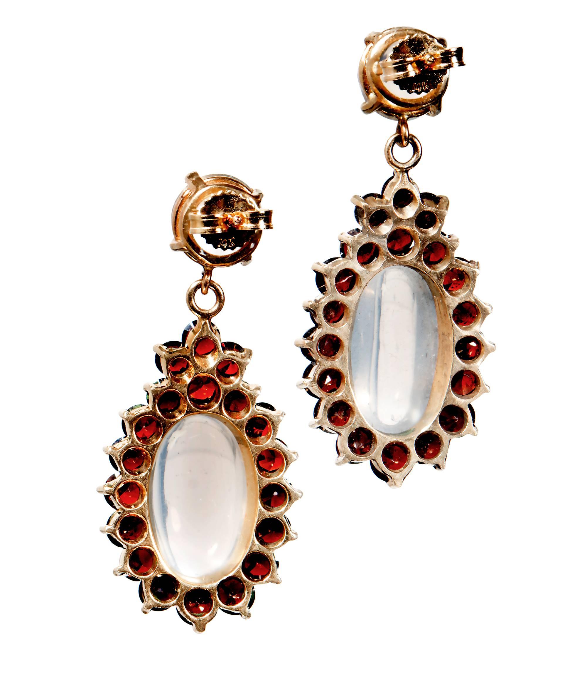 Women's Garnet Blue Oval Moonstone Gold Dangle Earrings For Sale