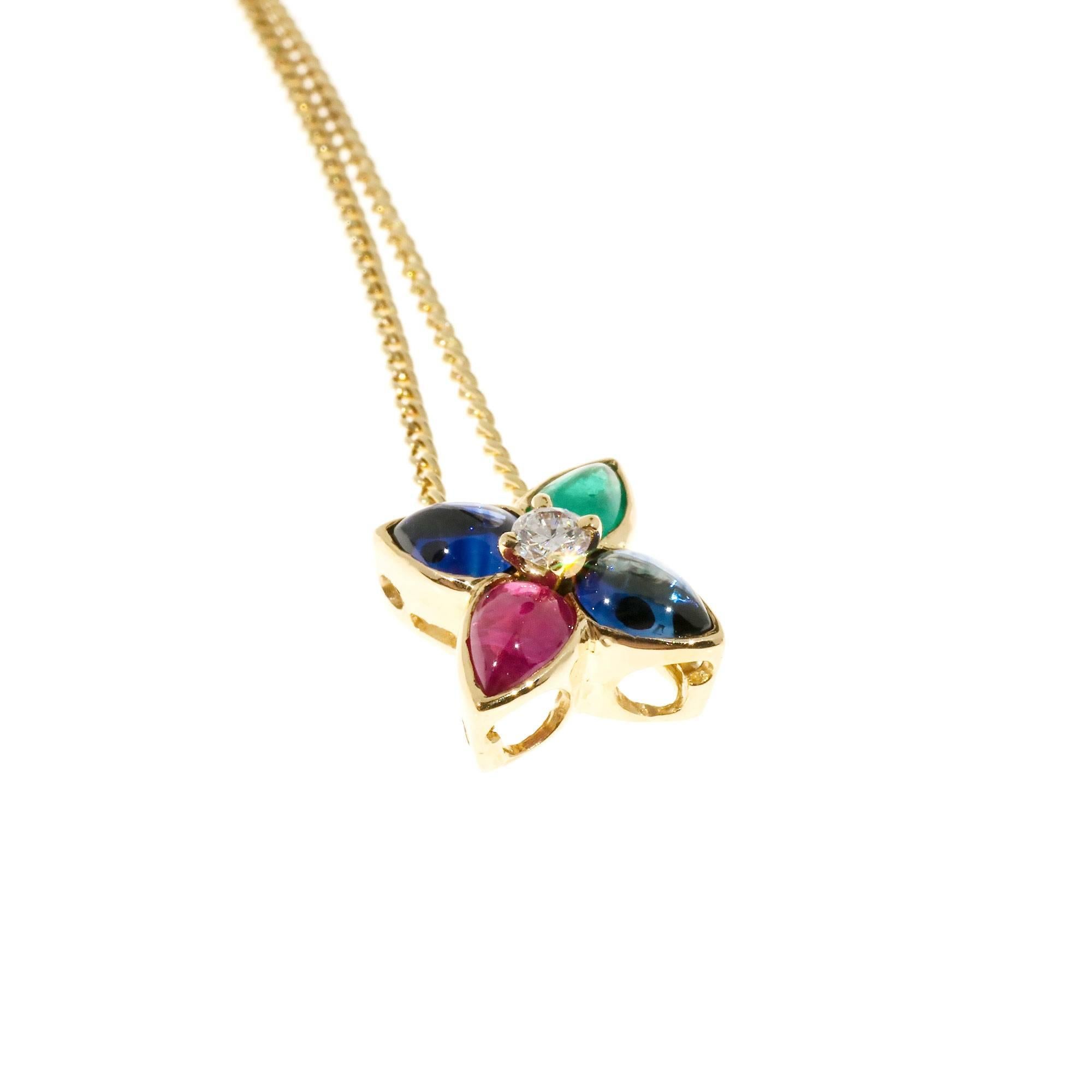 Cabochon Sapphire Emerald Ruby Diamond Gold Pendant Necklace In Good Condition In Stamford, CT