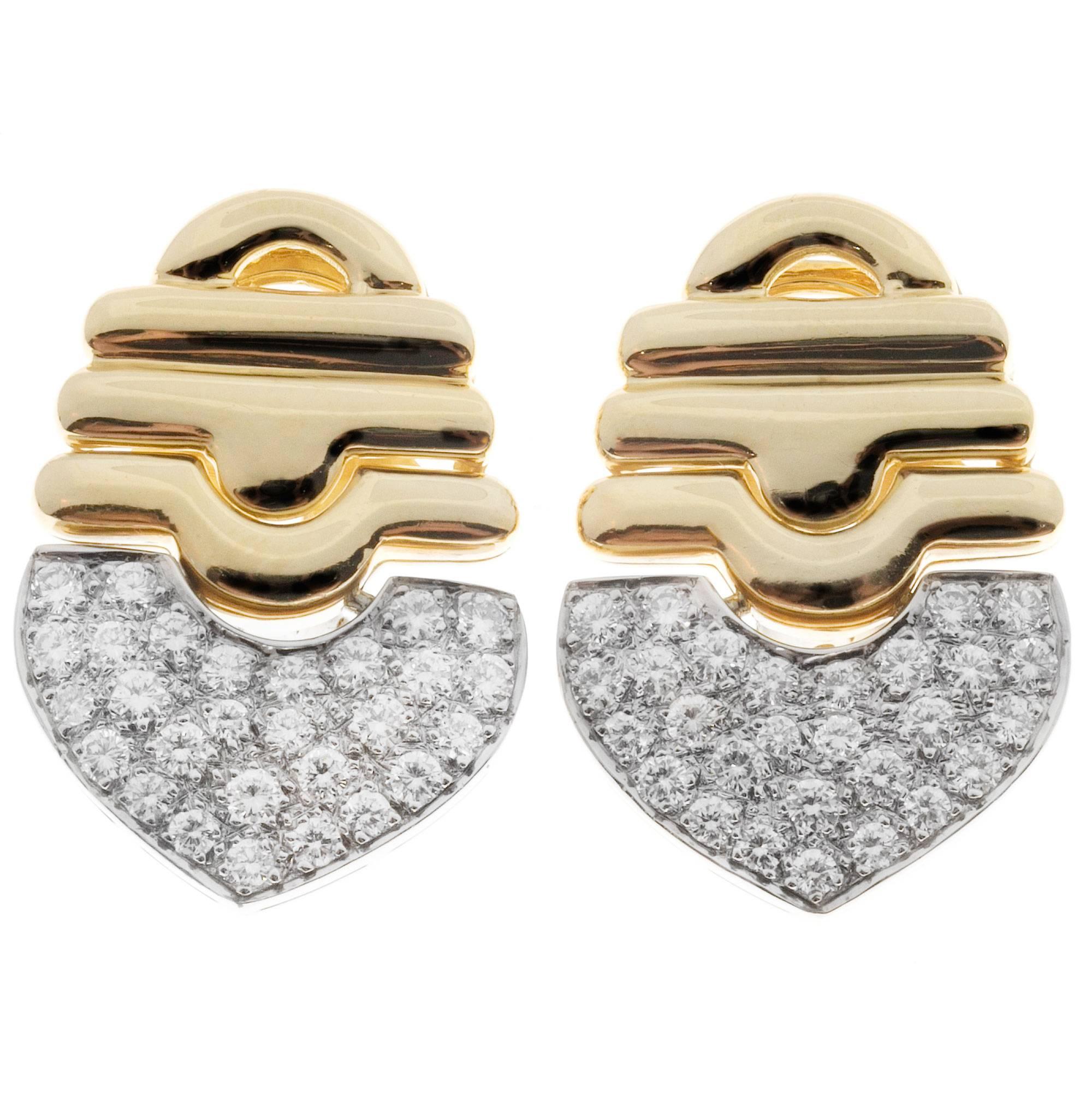 1.00 Carat Pave Diamonds Gold Dangle Earrings, circa 1970s