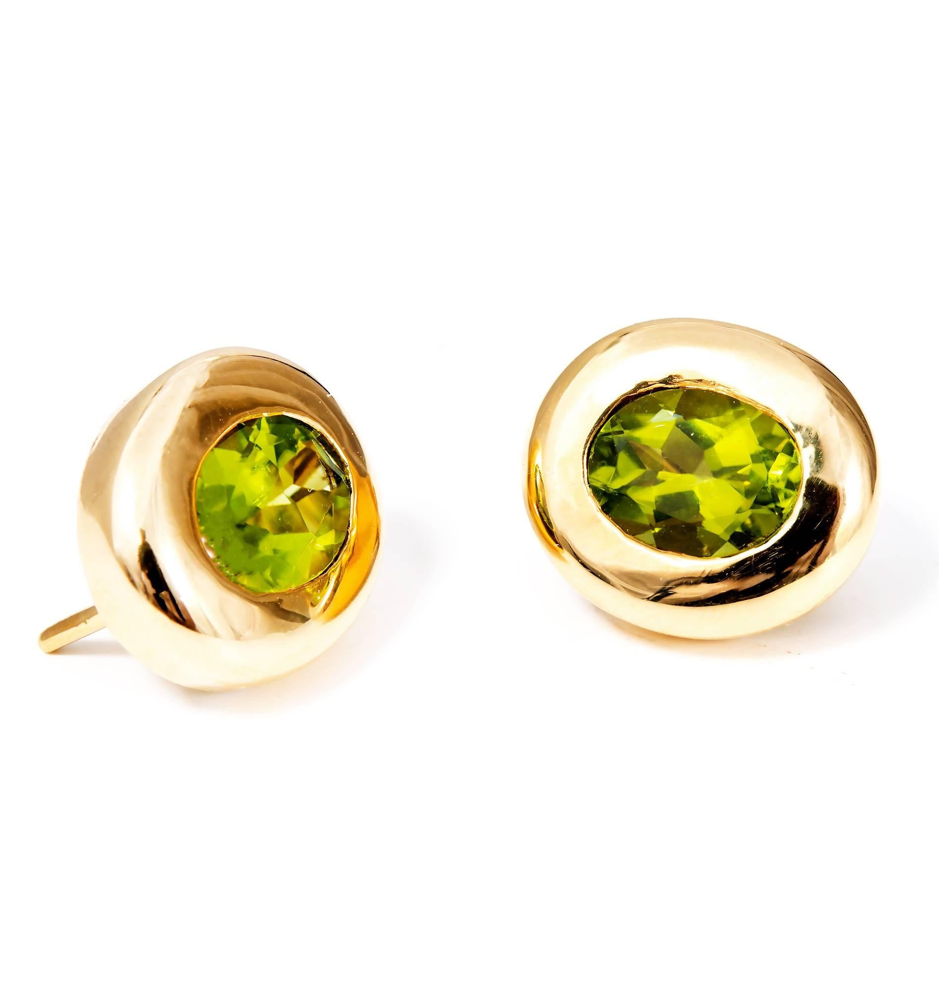 Oval Cut 4.10 Carat Oval Green Peridot Domed Gold Bezel Stud Earrings