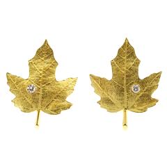 Tiffany & Co. Diamond Gold Textured Maple Leaf Earrings