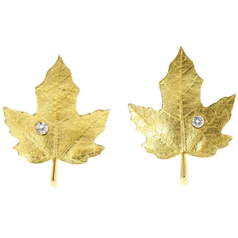 Tiffany and Co. Diamond Gold Textured Maple Leaf Earrings at 1stDibs