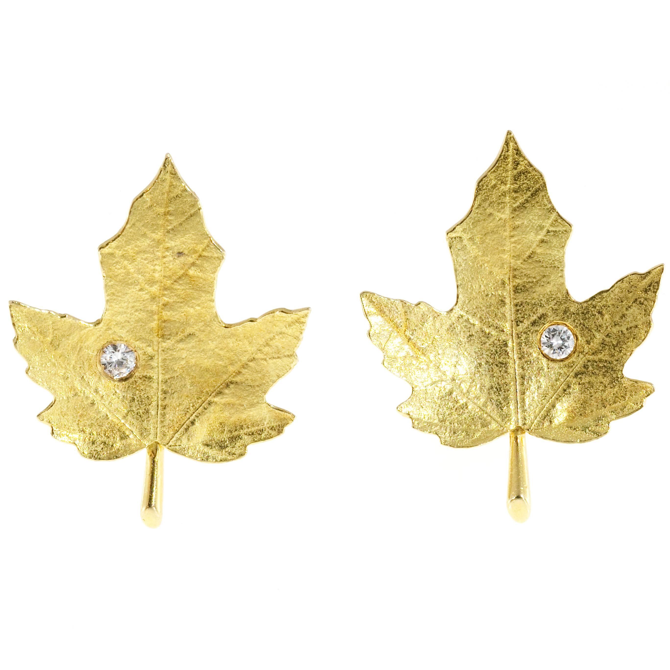 Tiffany & Co. Diamond Gold Textured Maple Leaf Earrings