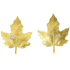 Tiffany & Co. Diamond Gold Textured Maple Leaf Earrings