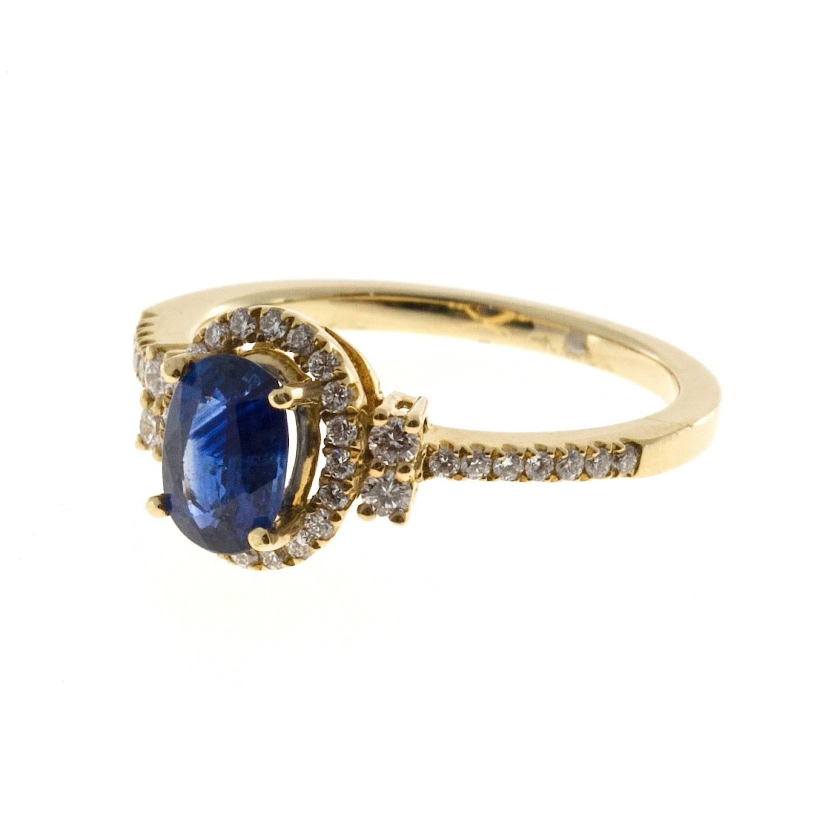 Beautiful deep bright blue 1.00 oval Sapphire ring, simple heat only and no other enhancements. Fine white full cut diamonds.

1 oval Sapphire approx. total weight 1.00cts, fine bright blue, simple heat, no other enhancements.
34 full cut