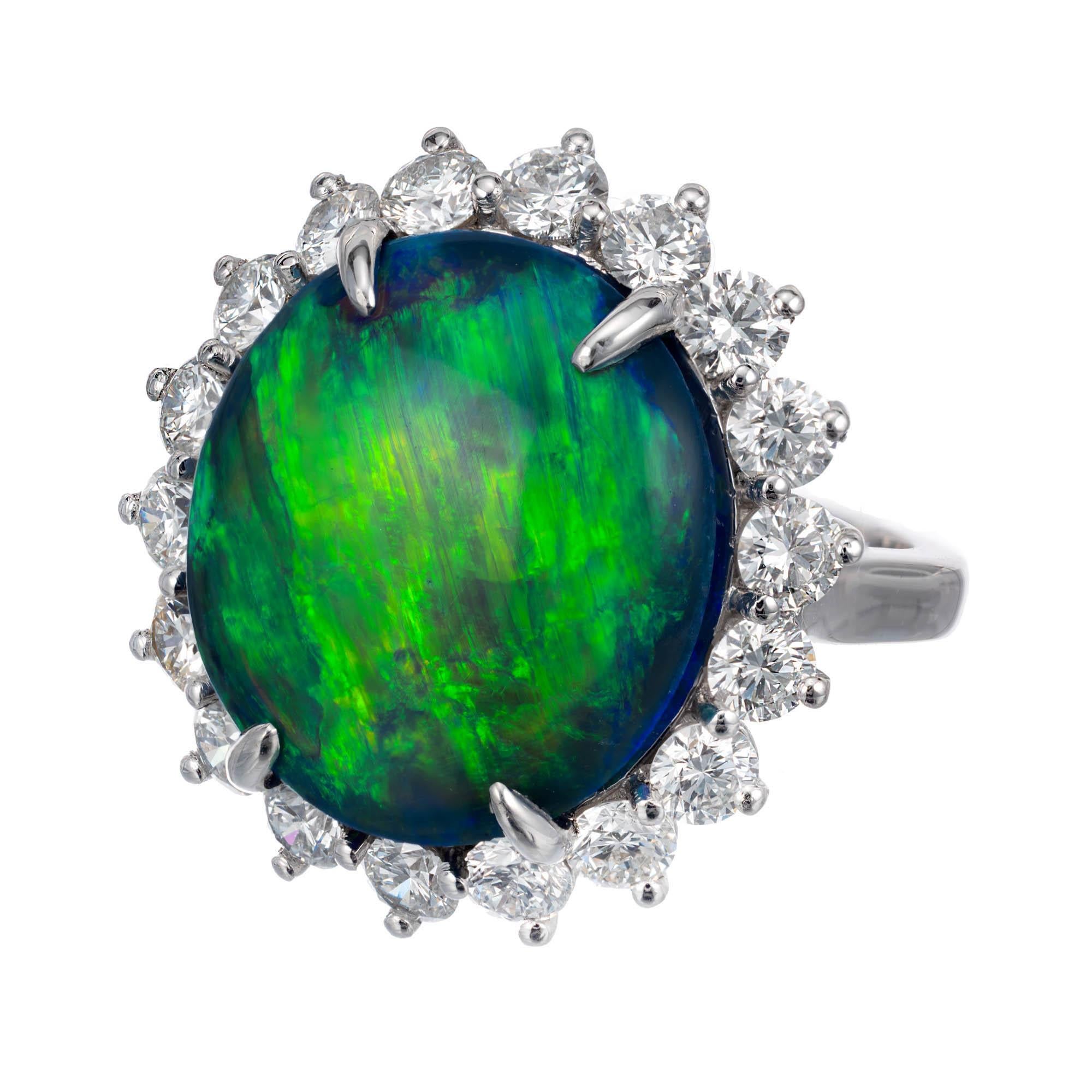 7.55 Carat black opal and diamond halo cocktail ring. Cabochon black opal set in platinum setting with a halo of round diamonds. Gia Certified. The opal is from an estate circa 1950. Vivid green, blue and black colors. The ring was designed and