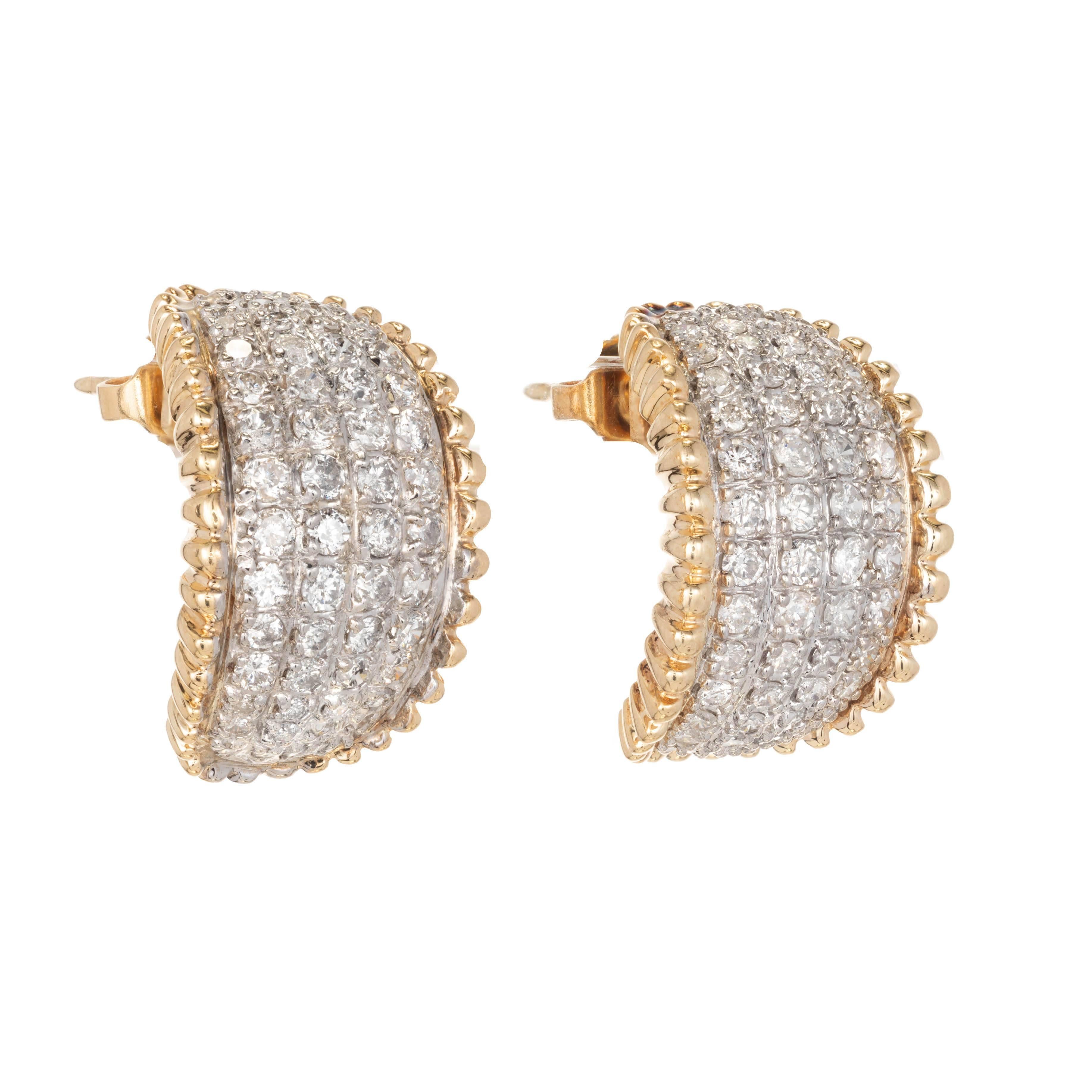Mid-Century 1950's 14k yellow and white gold custom made diamond curved domed post style earrings. 

112 round full cut diamonds, approx. total weight 2.25cts, G, SI1
14k yellow and white gold
Tested and stamped: 14k
12.7 grams
Top to bottom: