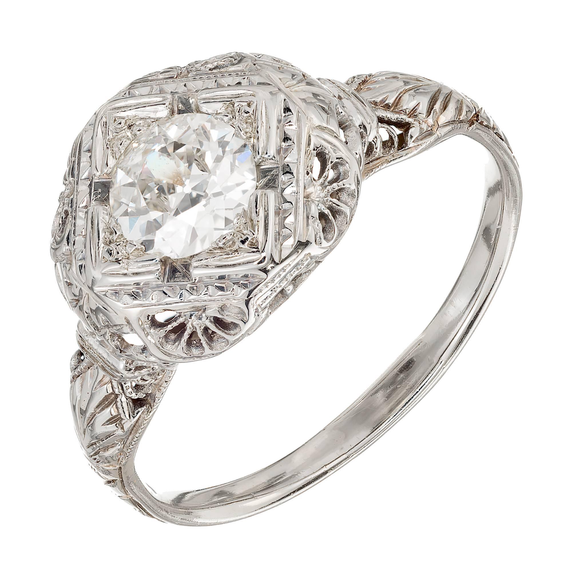 Egl certified Art Deco old European cut diamond filigree 18k white gold engagement ring. 

1 old European cut diamond, approx. total weight .65cts, G-H, SI2, Depth: 50.7% Table: 51%, EGL certificate # US310953203D
Size 8 and sizable
18k white