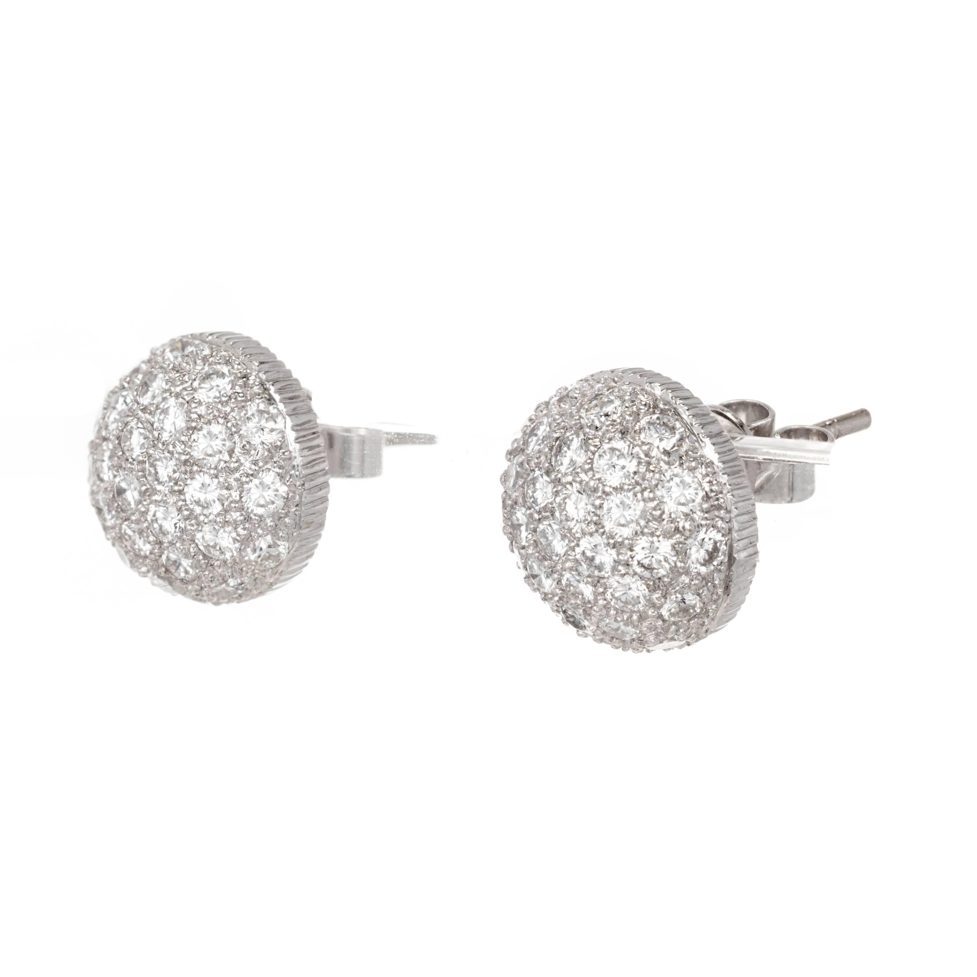 High dome full cut 18k white gold diamond cluster dome earrings. Bright white and shiny. Great 3 dimensional look.

Approx. 70 full cut diamonds, approx. total weight 1.50cts, F – G, VS1 – SI1
18k white gold
4.8 grams
Tested: 18k
Stamped: 18k
