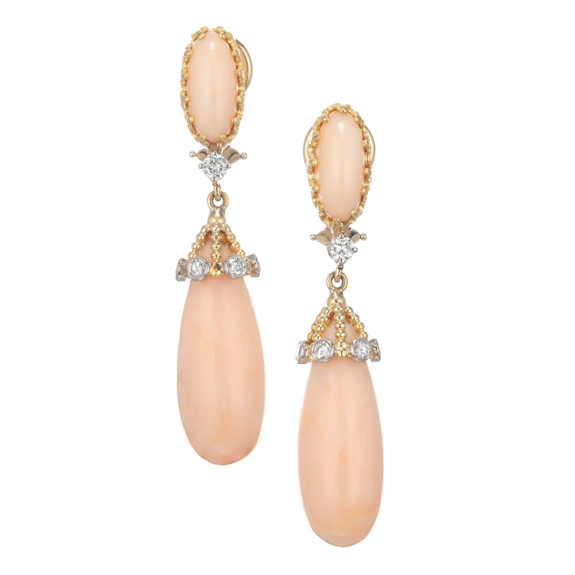 Coral Angel Skin Diamond Yellow Gold Dangle Earrings