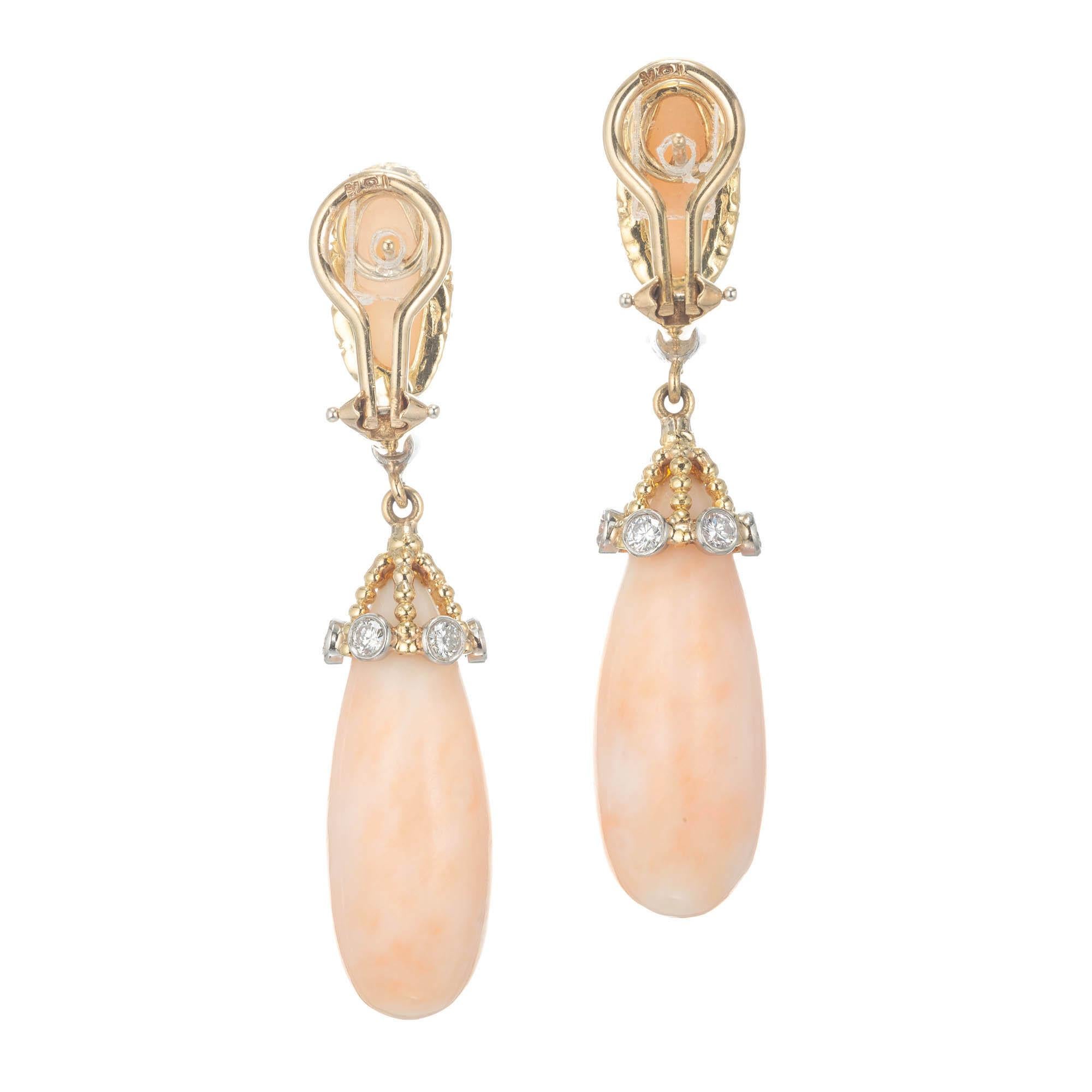 Round Cut Coral Angel Skin Diamond Yellow Gold Dangle Earrings