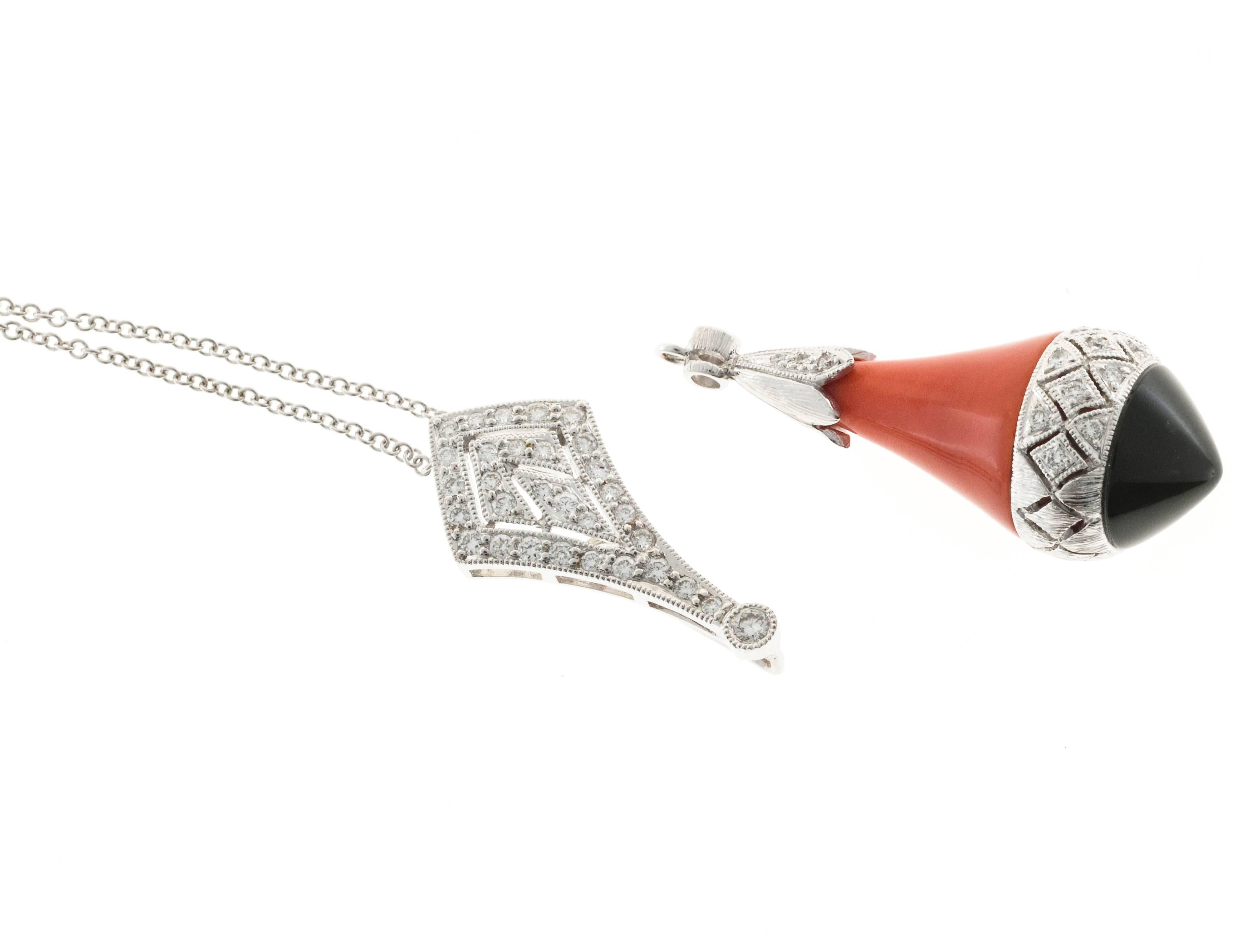 Coral Onyx Diamond Gold Pendant Necklace 3