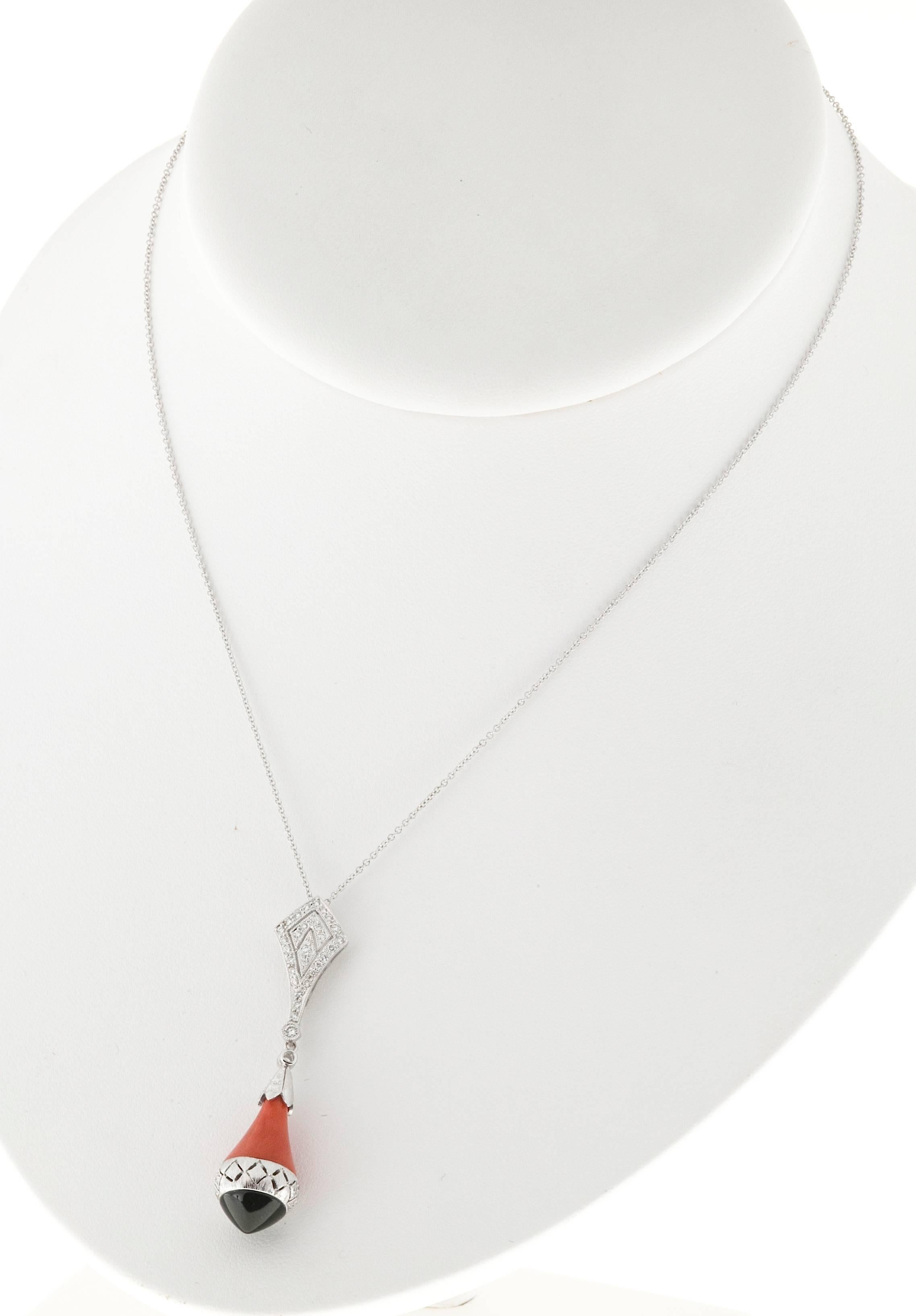 Coral Onyx Diamond Gold Pendant Necklace 2