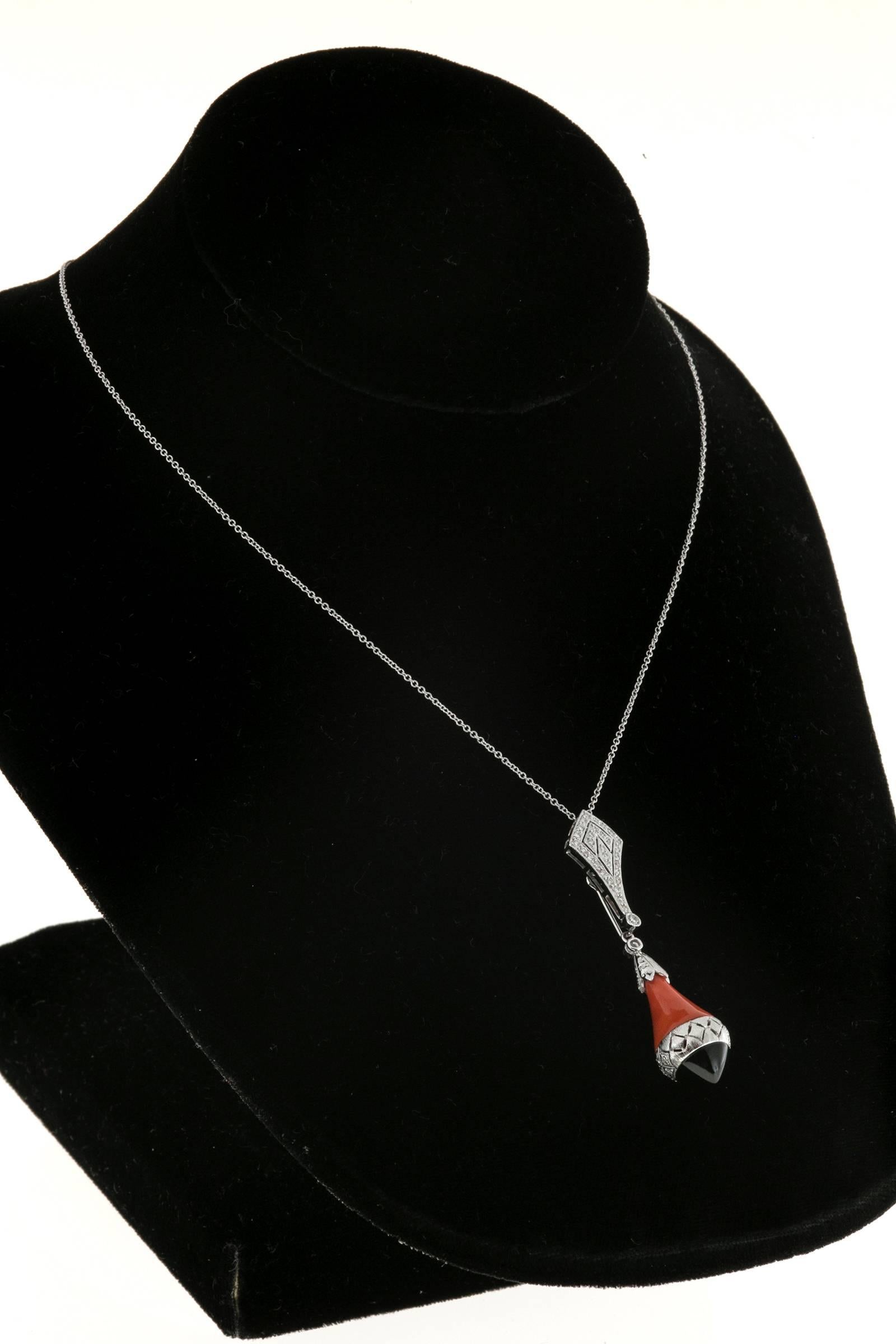 Coral Onyx Diamond Gold Pendant Necklace 4