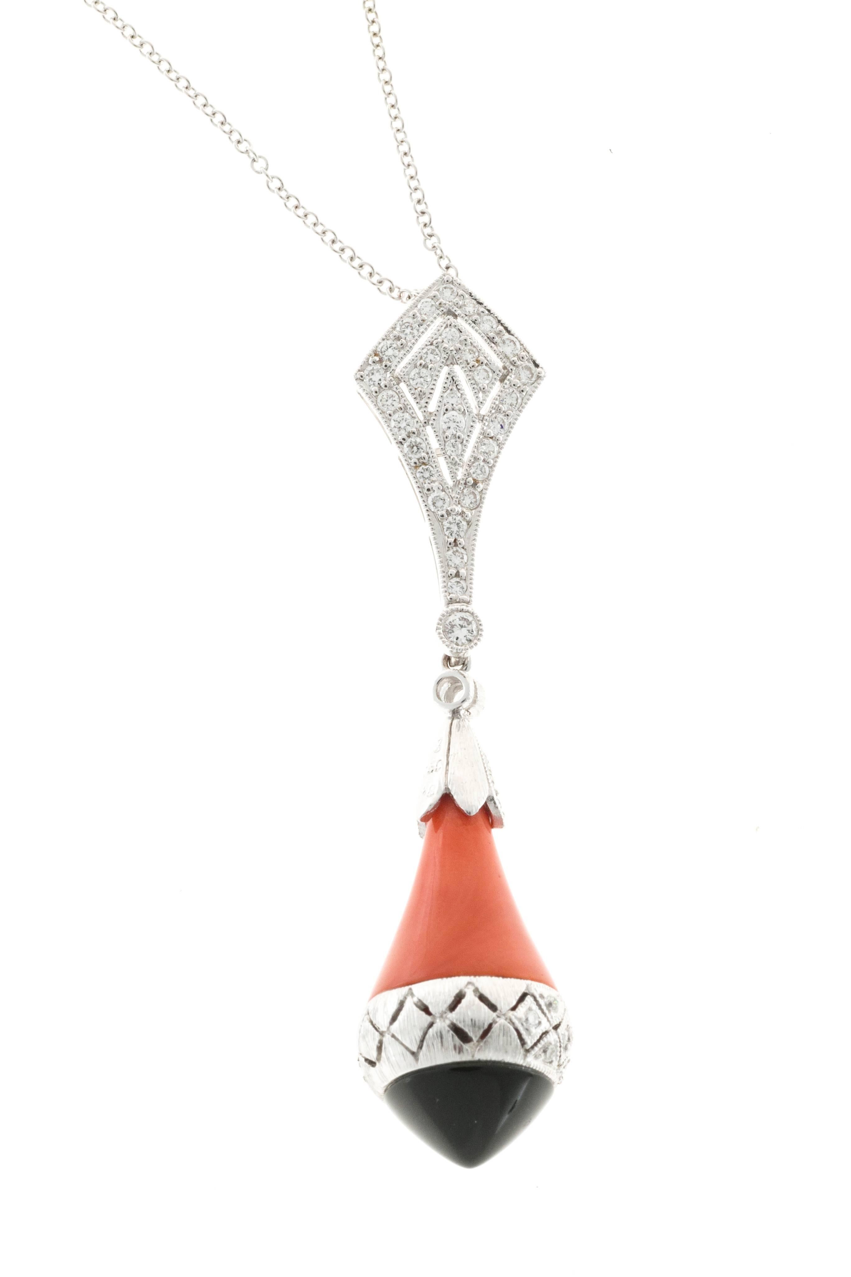 Coral Onyx Diamond Gold Pendant Necklace 1