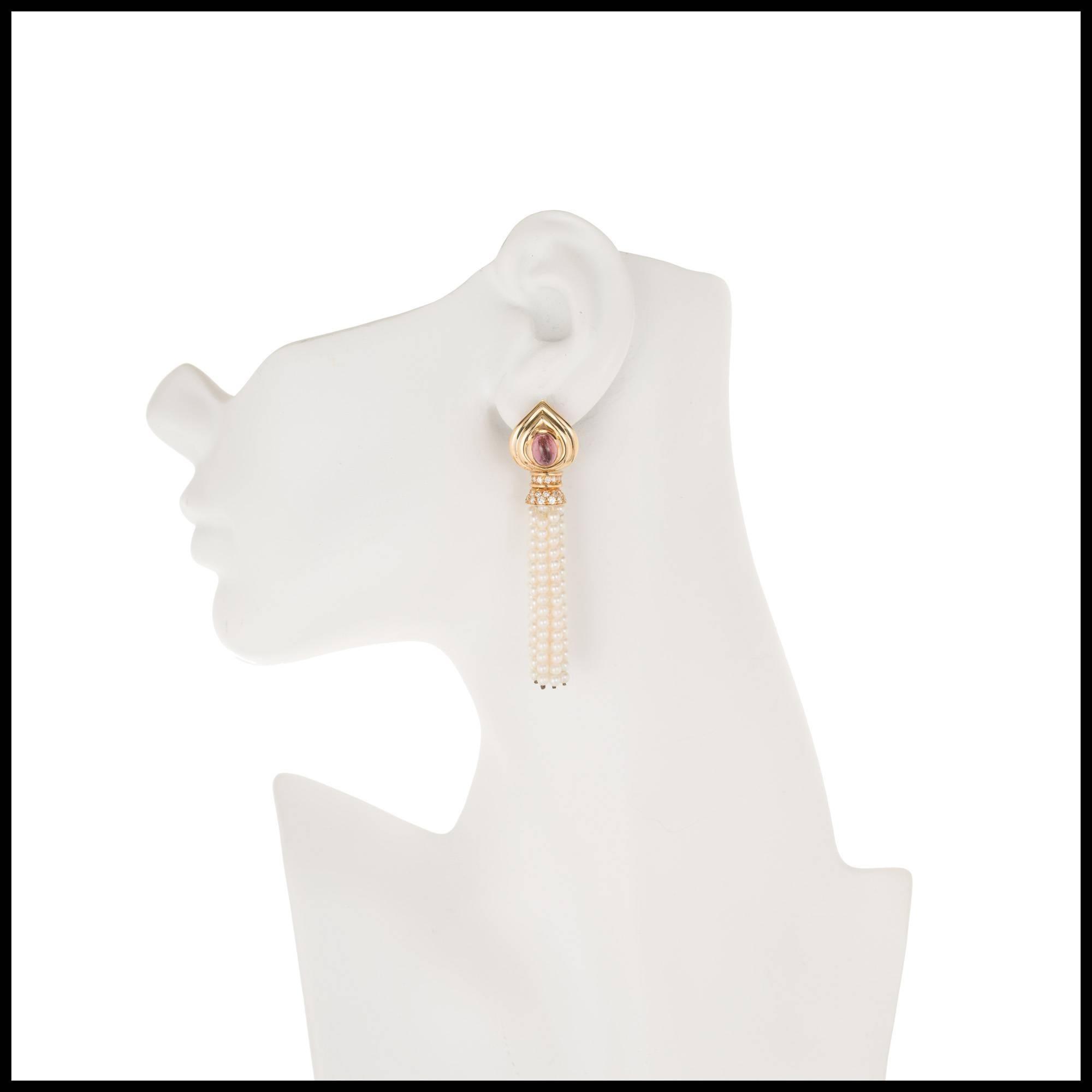 Women's 2.00 Carat Pink Tourmaline Diamond Pearl Tassel Gold Dangle Drop Earrings For Sale