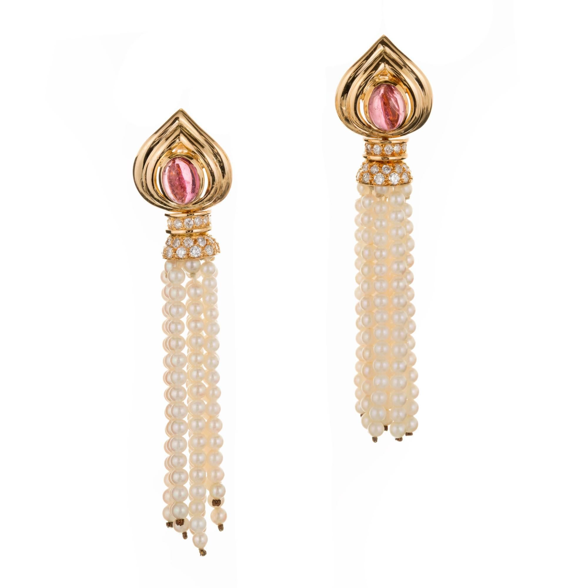 2.00 Carat Pink Tourmaline Diamond Pearl Tassel Gold Dangle Drop Earrings For Sale