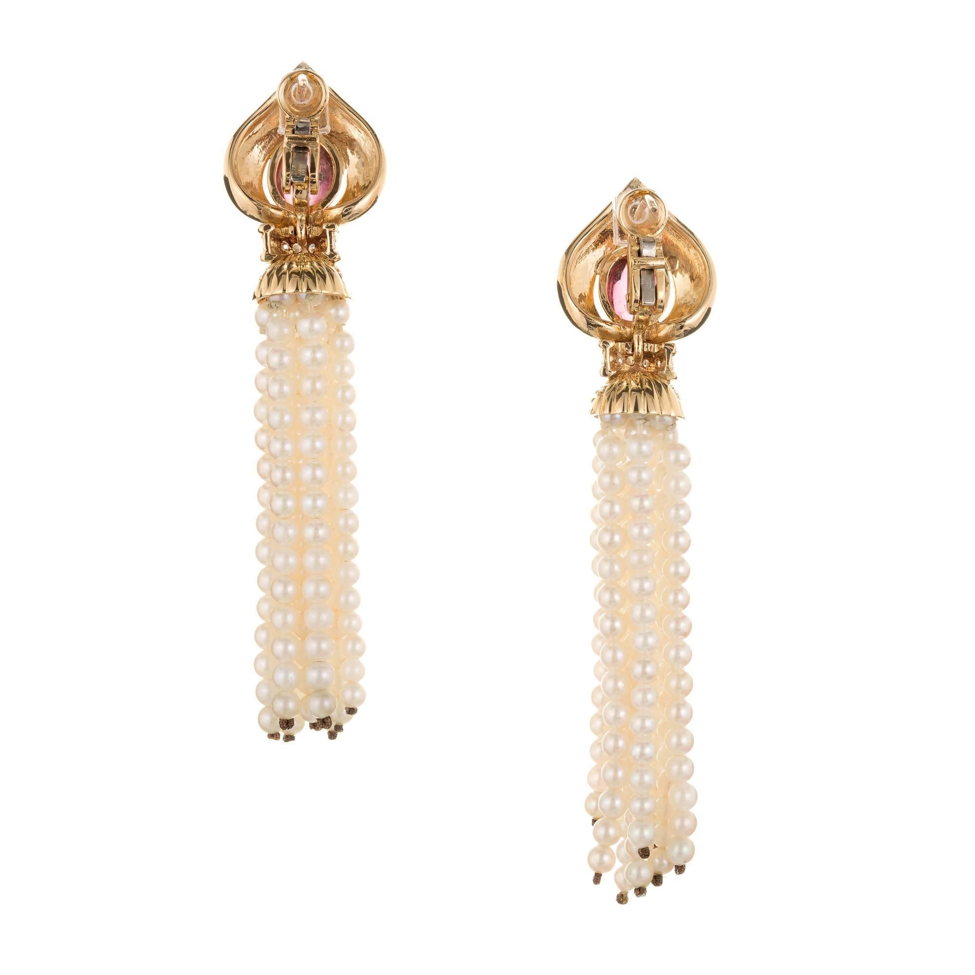 Pendants d'oreilles à pampilles en or avec tourmaline rose de 2,00 carats, diamants et perle en vente 1