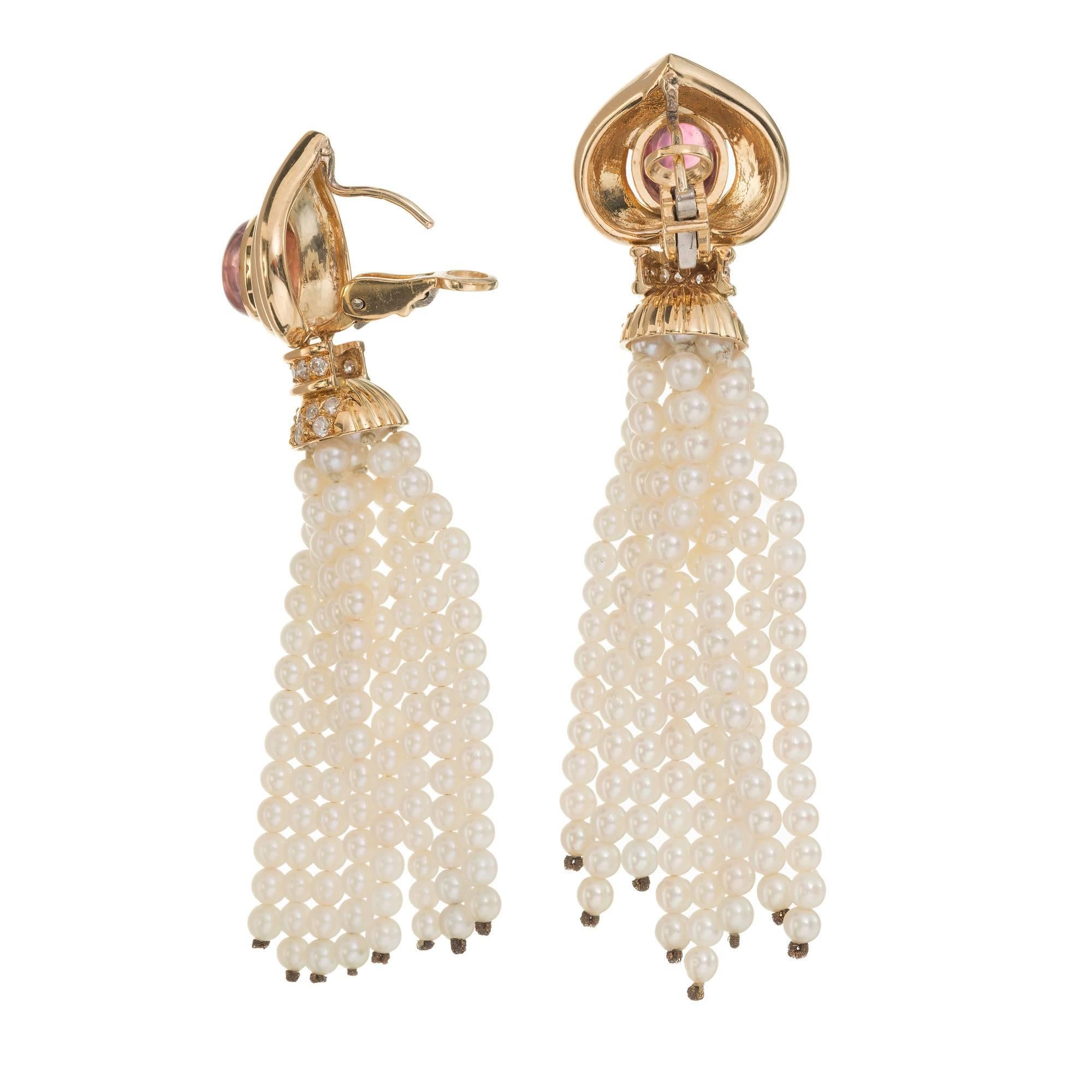 2.00 Carat Pink Tourmaline Diamond Pearl Tassel Gold Dangle Drop Earrings For Sale 2