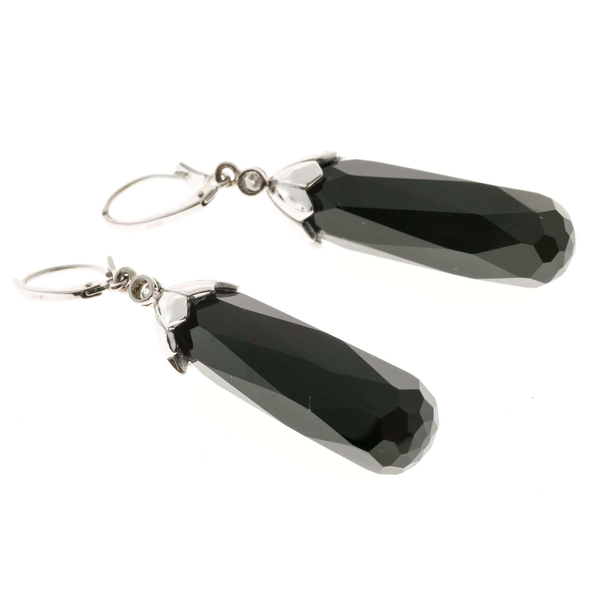 Diamond Black Onyx Briolette Gold Dangle Earrings In Good Condition For Sale In Stamford, CT