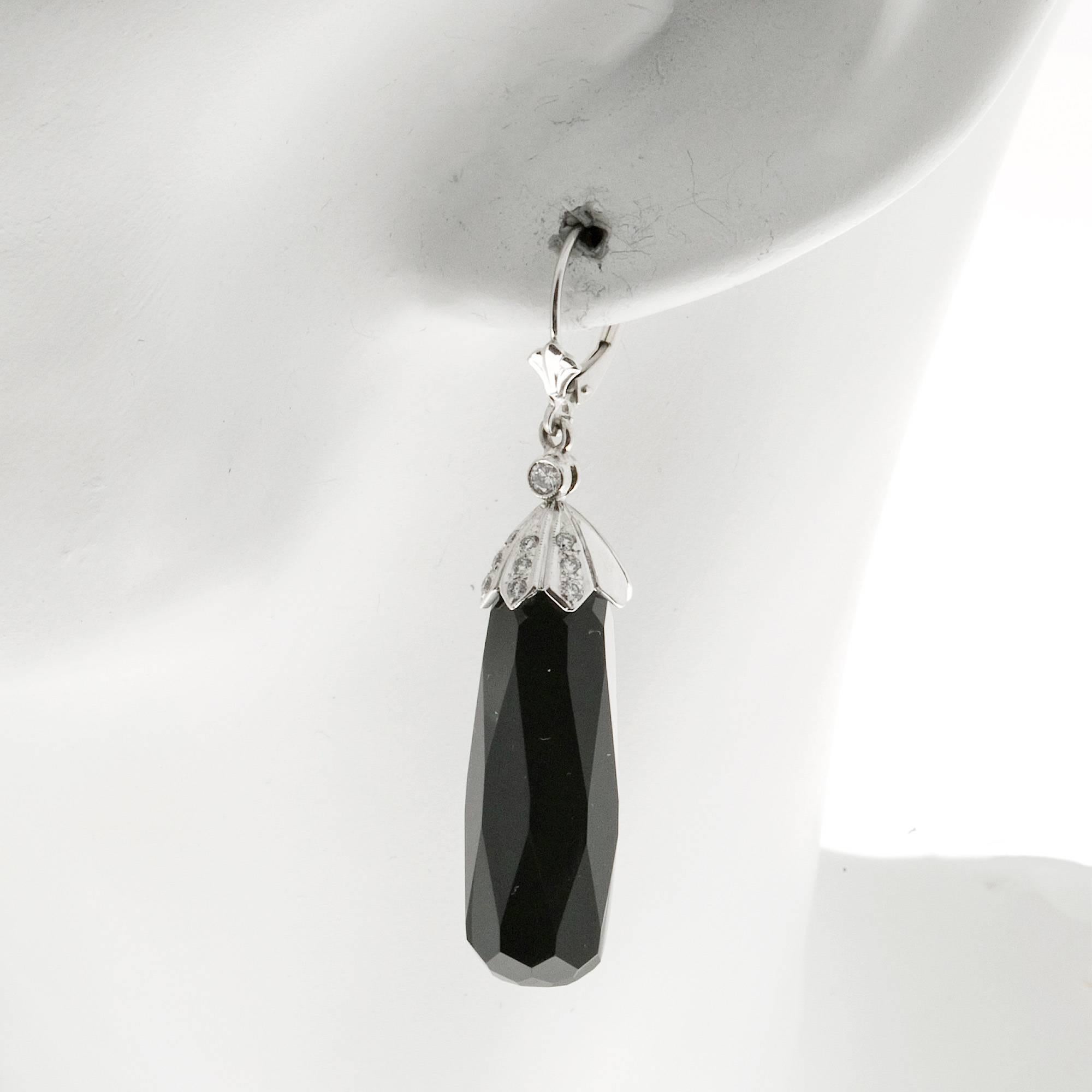 Women's Diamond Black Onyx Briolette Gold Dangle Earrings For Sale