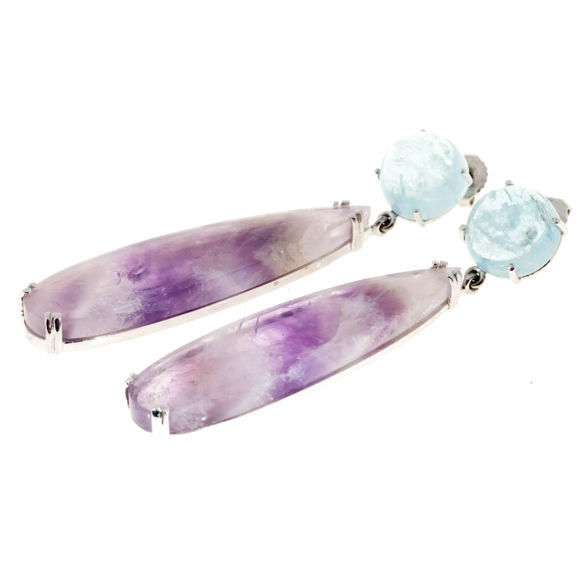 Pear Cut Peter Suchy 50.65 Carat Natural Aquamarine Amethyst Quartz Gold Dangle Earrings