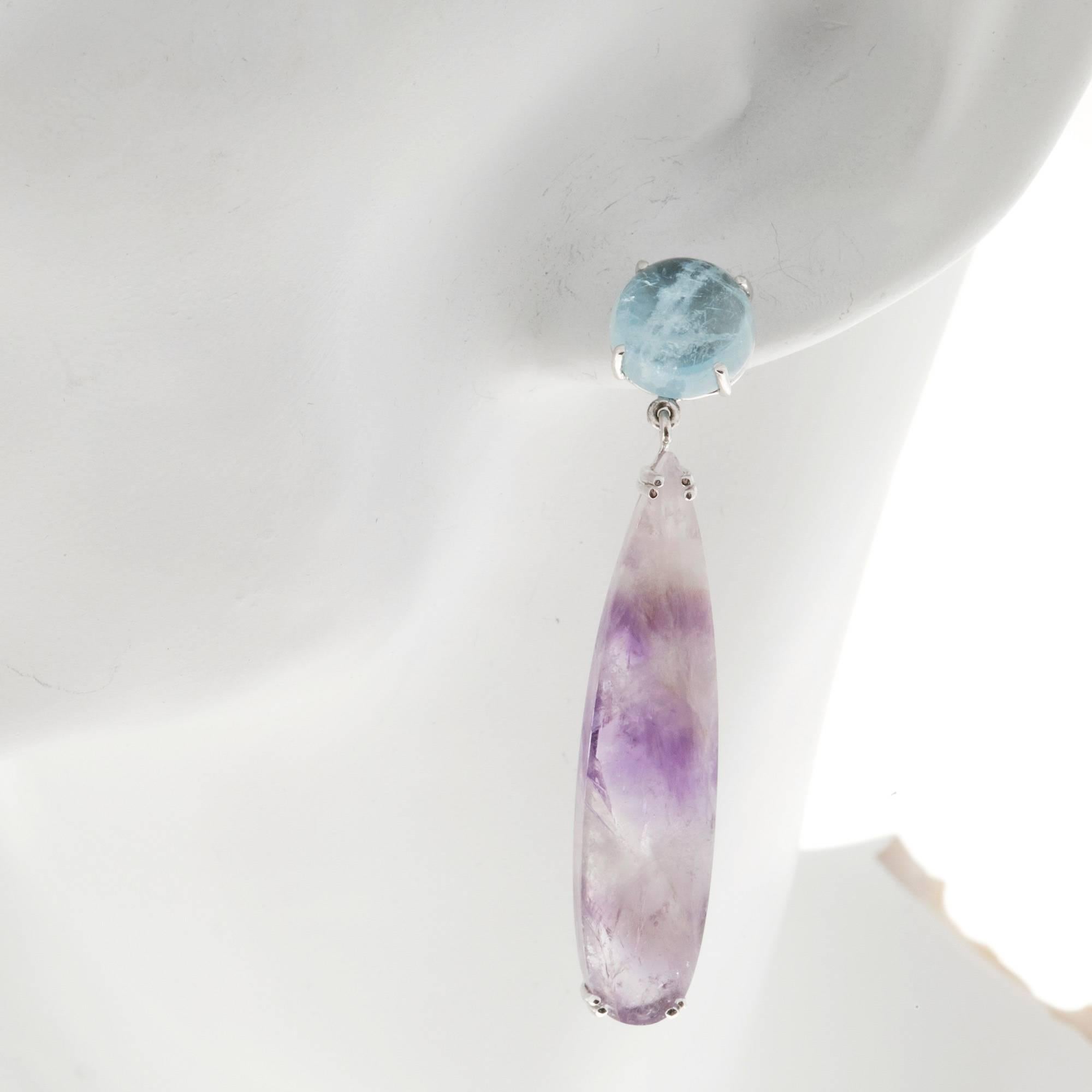 Peter Suchy 50.65 Carat Natural Aquamarine Amethyst Quartz Gold Dangle Earrings In Excellent Condition In Stamford, CT