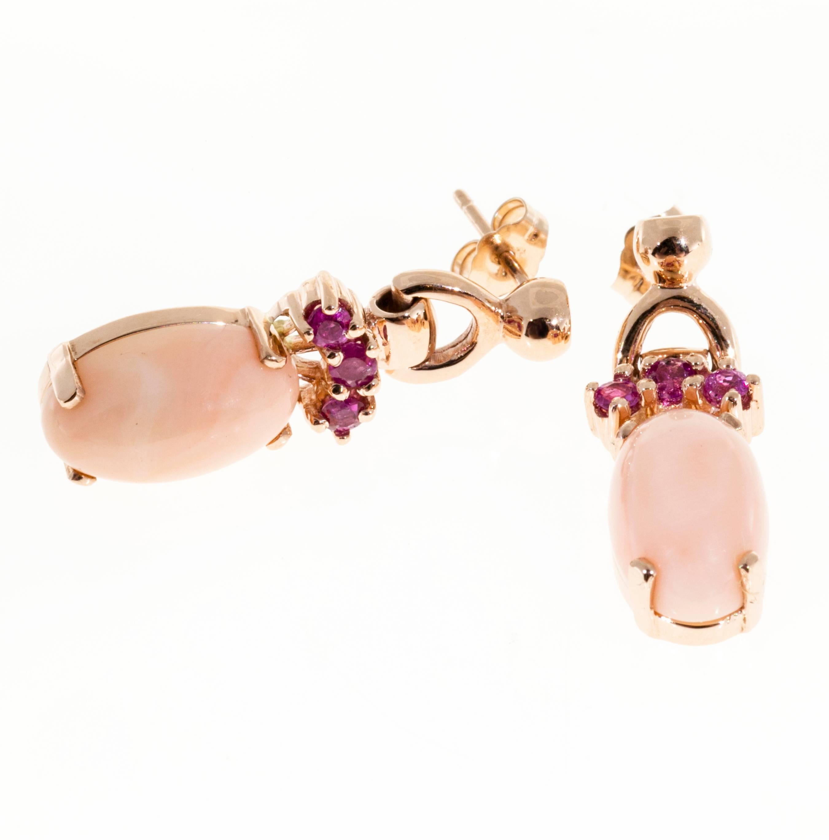 Natural Coral Pink Sapphire Gold Dangle Earrings For Sale 1
