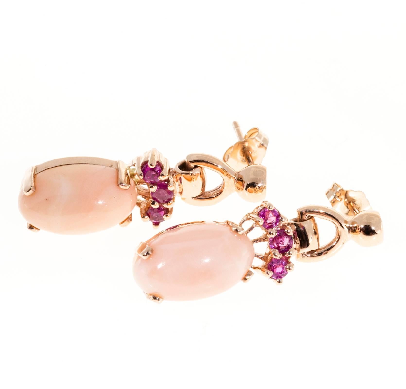 Women's Natural Coral Pink Sapphire Gold Dangle Earrings For Sale