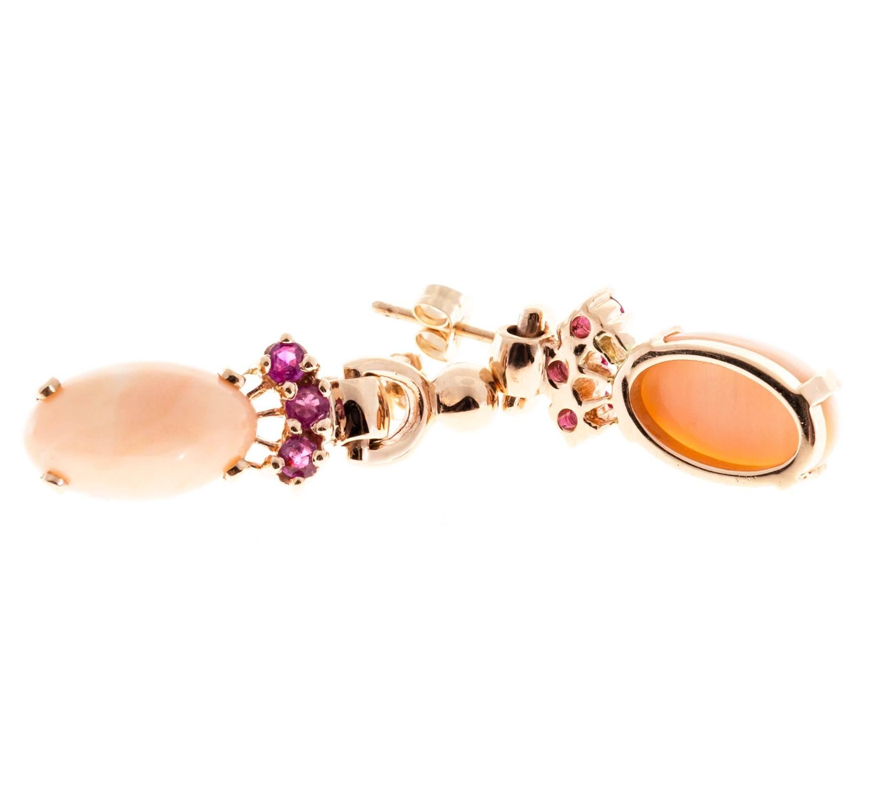 Retro Natural Coral Pink Sapphire Gold Dangle Earrings For Sale