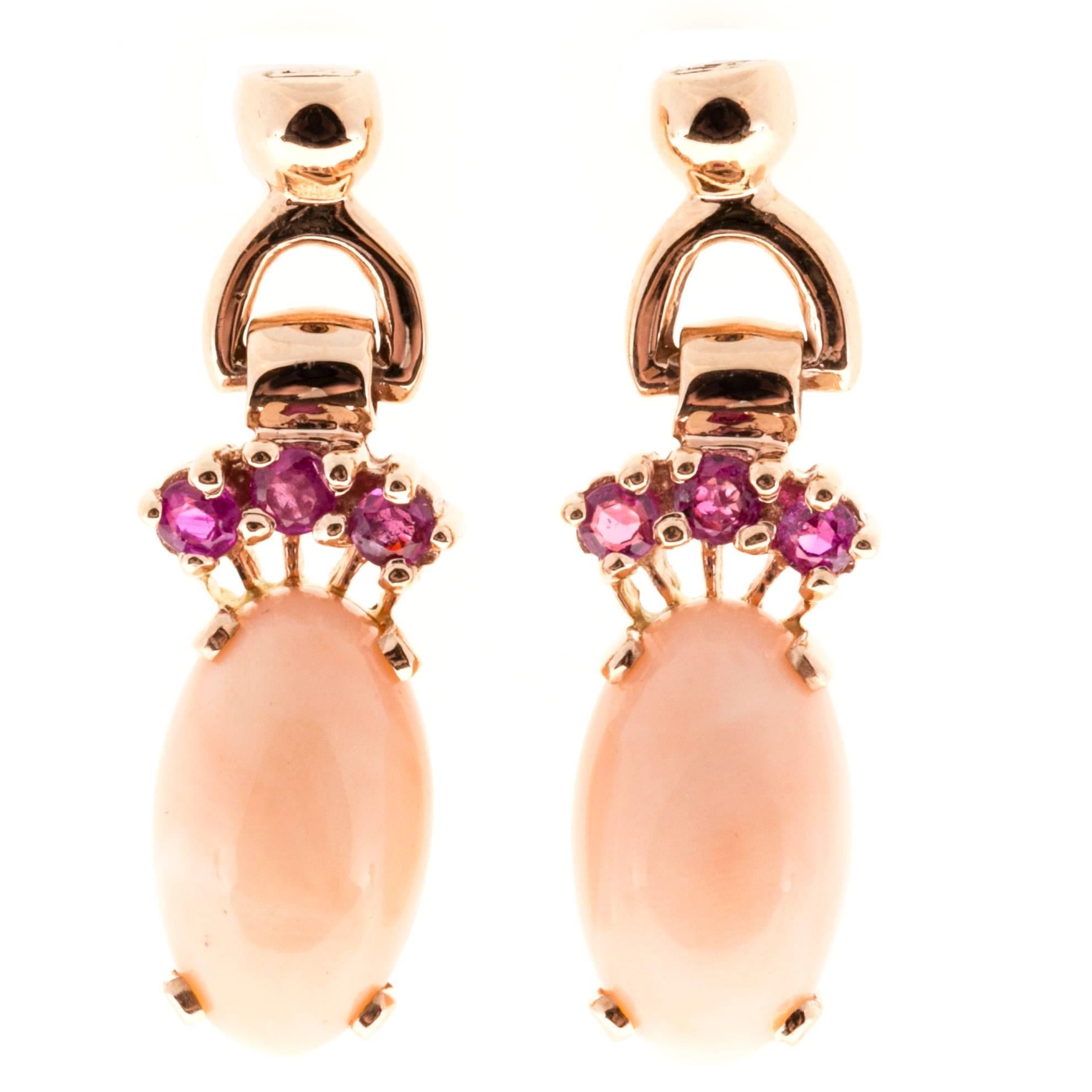 Natural Coral Pink Sapphire Gold Dangle Earrings For Sale