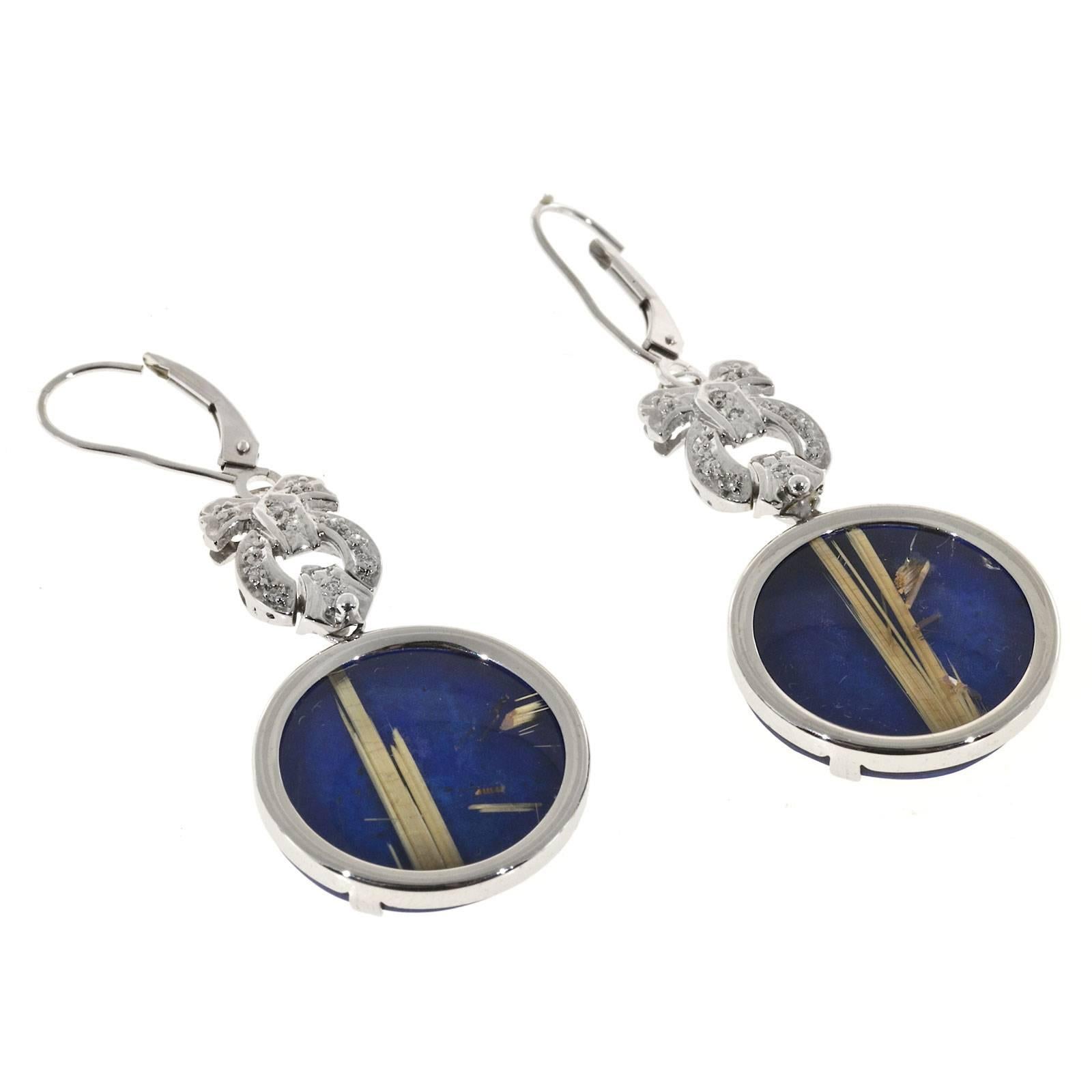 Peter Suchy Rutile Quartz Lapis Diamond Euro Wire Gold Dangle Earrings In Good Condition In Stamford, CT