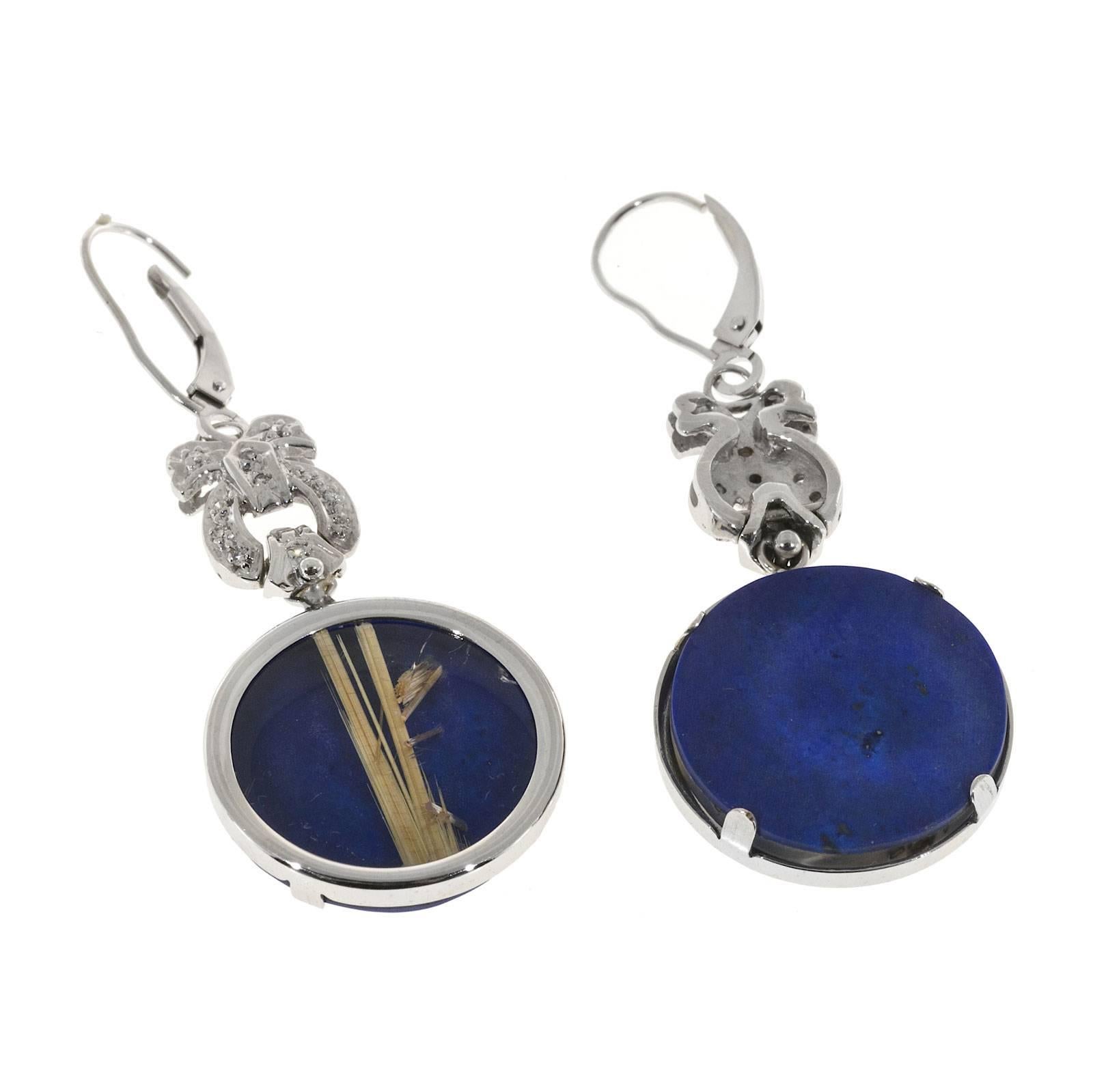 Women's Peter Suchy Rutile Quartz Lapis Diamond Euro Wire Gold Dangle Earrings