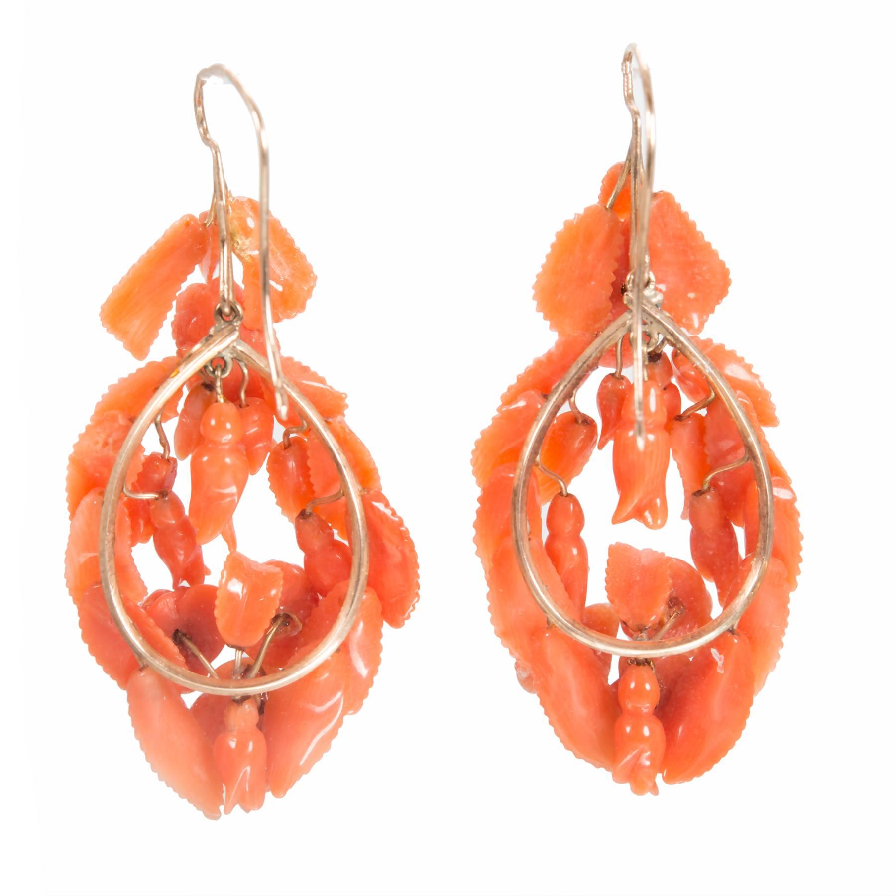 Women's Carved Natural Coral Cameo Gold Angel Face Flower Dangle Earrings