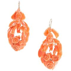 Antique Carved Natural Coral Cameo Gold Angel Face Flower Dangle Earrings